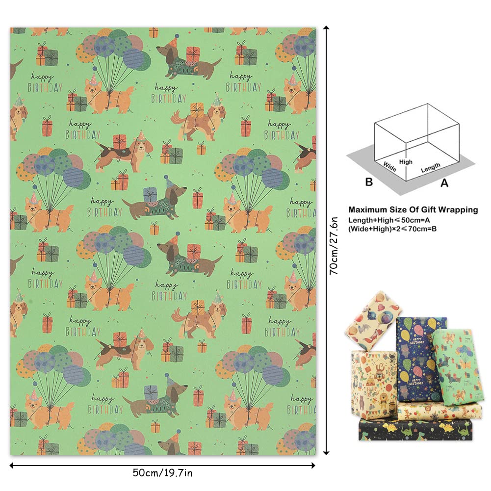 Happy Animals Birthday Wrapping Paper - 6 Sheet Kraft Paper Dinosaur Party Design