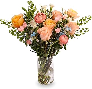 Epicflowers Sky Dream Bouquet – Fresh Flower Bouquet with Peach Roses & Premium Blooms – Glass Vase Included, Gift Flowers for Birthday, Anniversary, Sympathy & More
