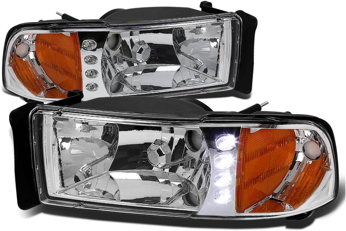 Auto Dynasty Pair of Chrome Housing Amber Side LED DRL Headlight Head Lamps Compatible with Dodge Ram 1500 2500 3500 94-02