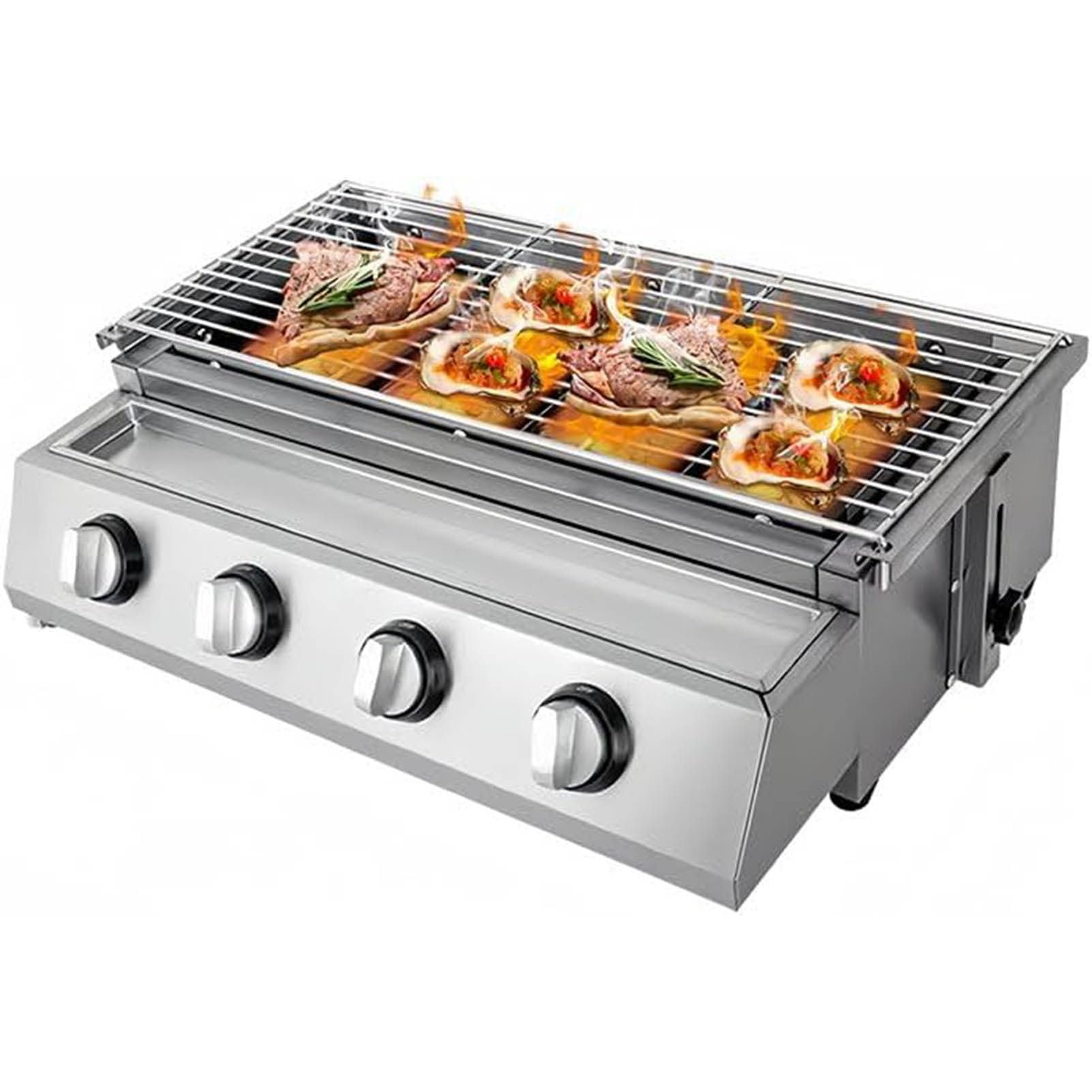 Komercyjny grill gazowy LPG (2–8 palników) – stal nierdzewna, regulacja wysokości; profesjonalna płyta grillowa na imprezy, kemping i pikniki 4­Burner