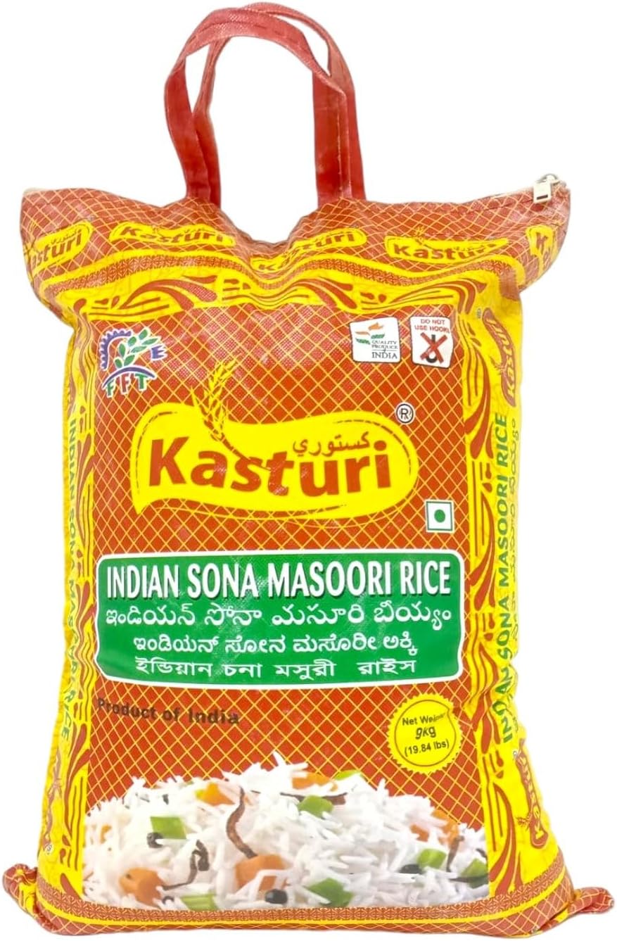 Kasturi Pure Indian Sona Masoori Rice- 9 kg (White) - Authentic Masuri Aromatic Grains of Bangaru Theegalu Rice for Every Dish