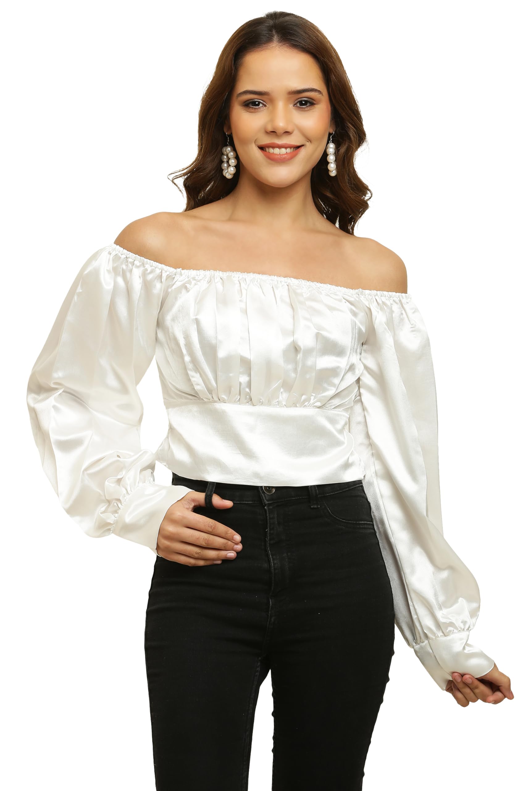 Women's Stylish Off-Shoulder Smocked Top, White, Long Sleeves-picture-28