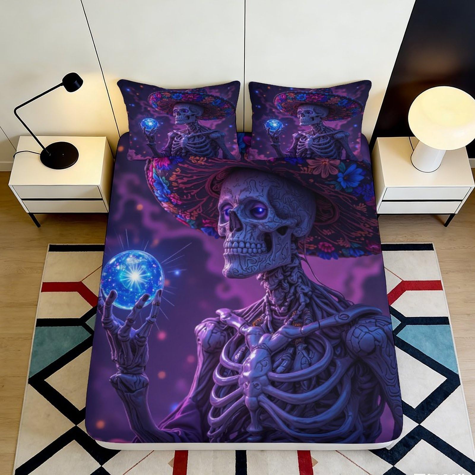 3D Printed Skeleton Galaxy Fitted Sheet Microfiber Soft Purple Cosmic Nebula Mattress Cover for Bedroom Dorm Decor 90x200x25cm