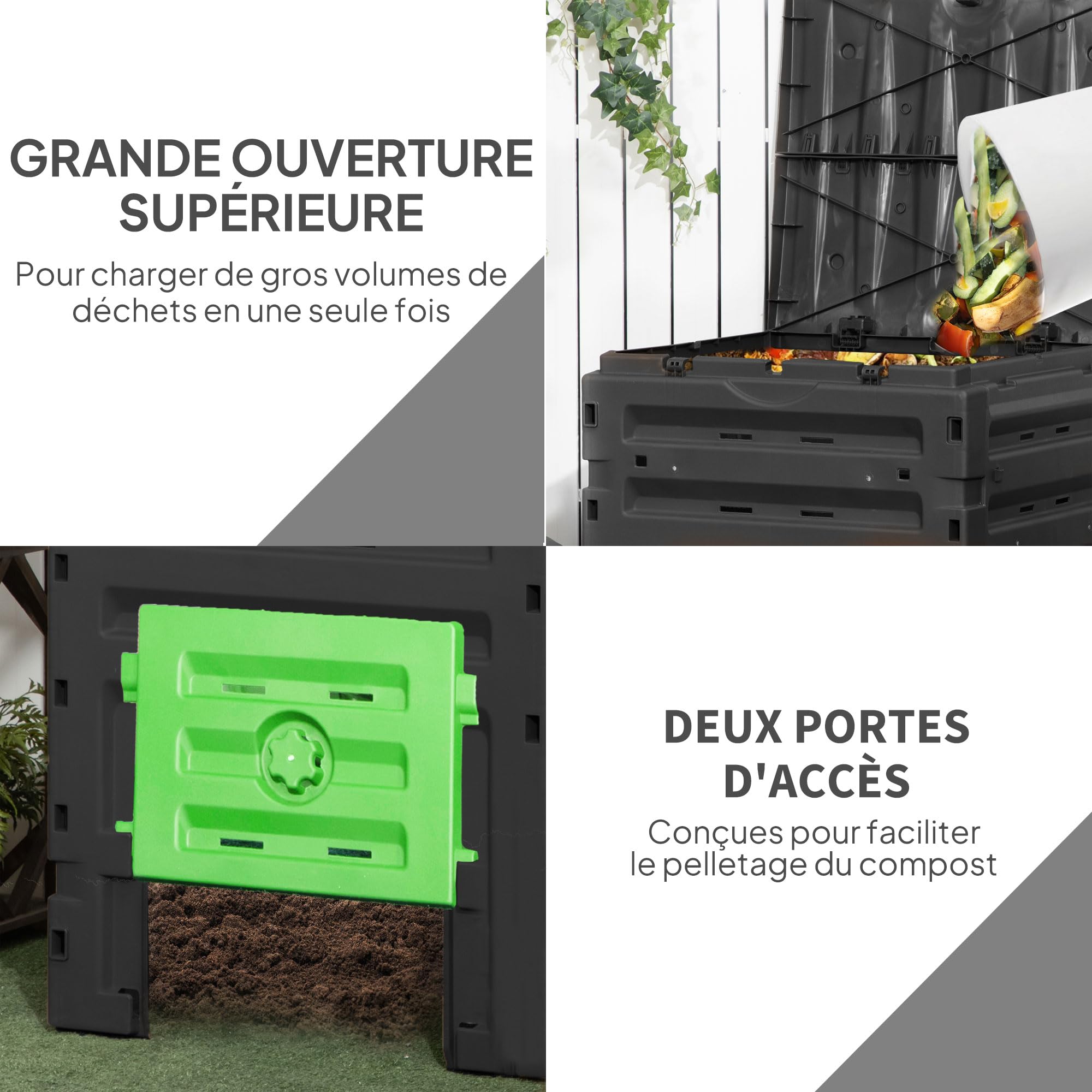 Outsunny Composteur de Jardin 450 L, bac composteur pour Jardin en polypropylène, 80 aérations et 2 Portes coulissantes, léger et Robuste, Noir