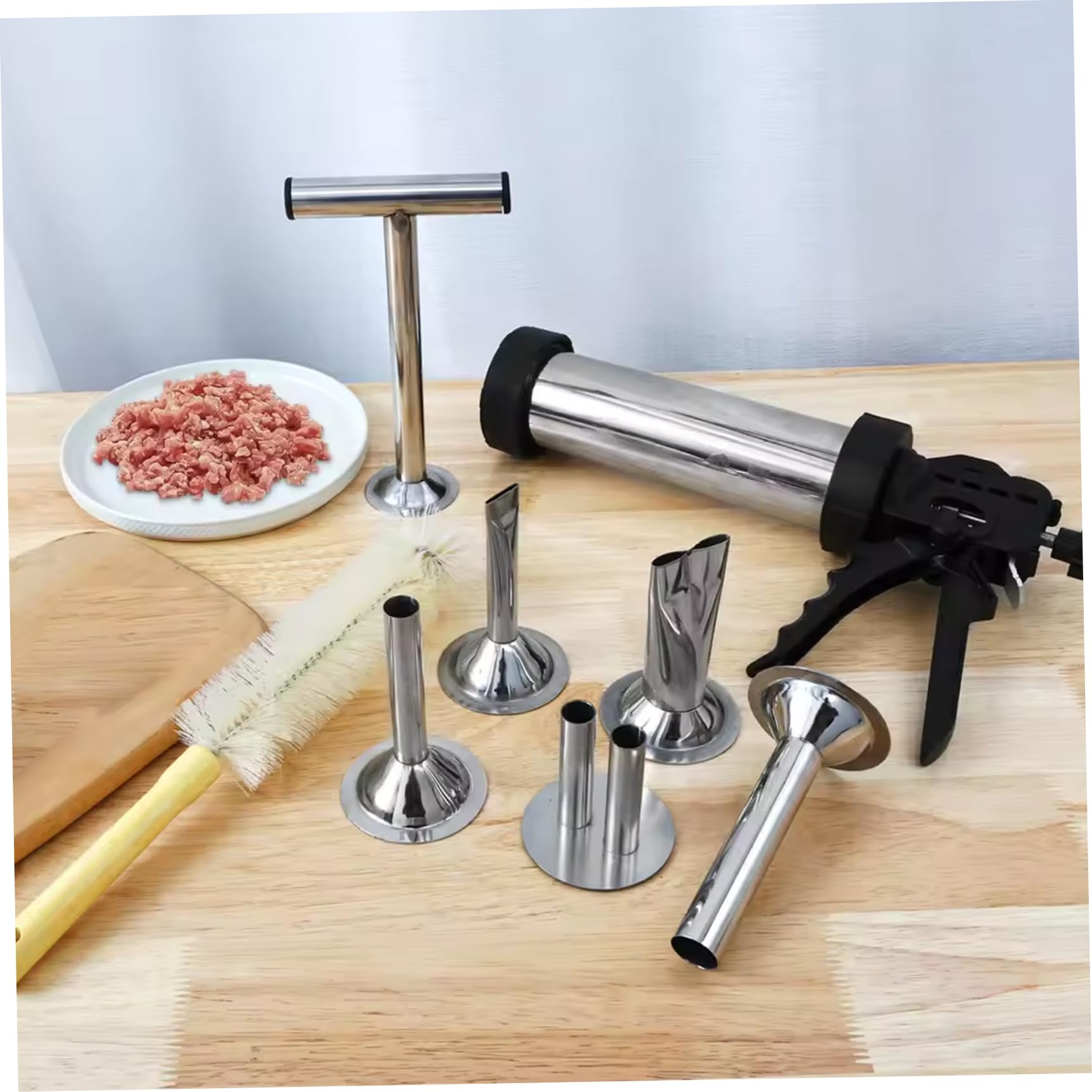 Jerky Gun|Jerky Gun für Hackfleisch, Wurstfüller-Set aus Edelstahl mit Düsen und Reinigungsbürsten für selbstgemachtes Kochen und Essenszubereitung
