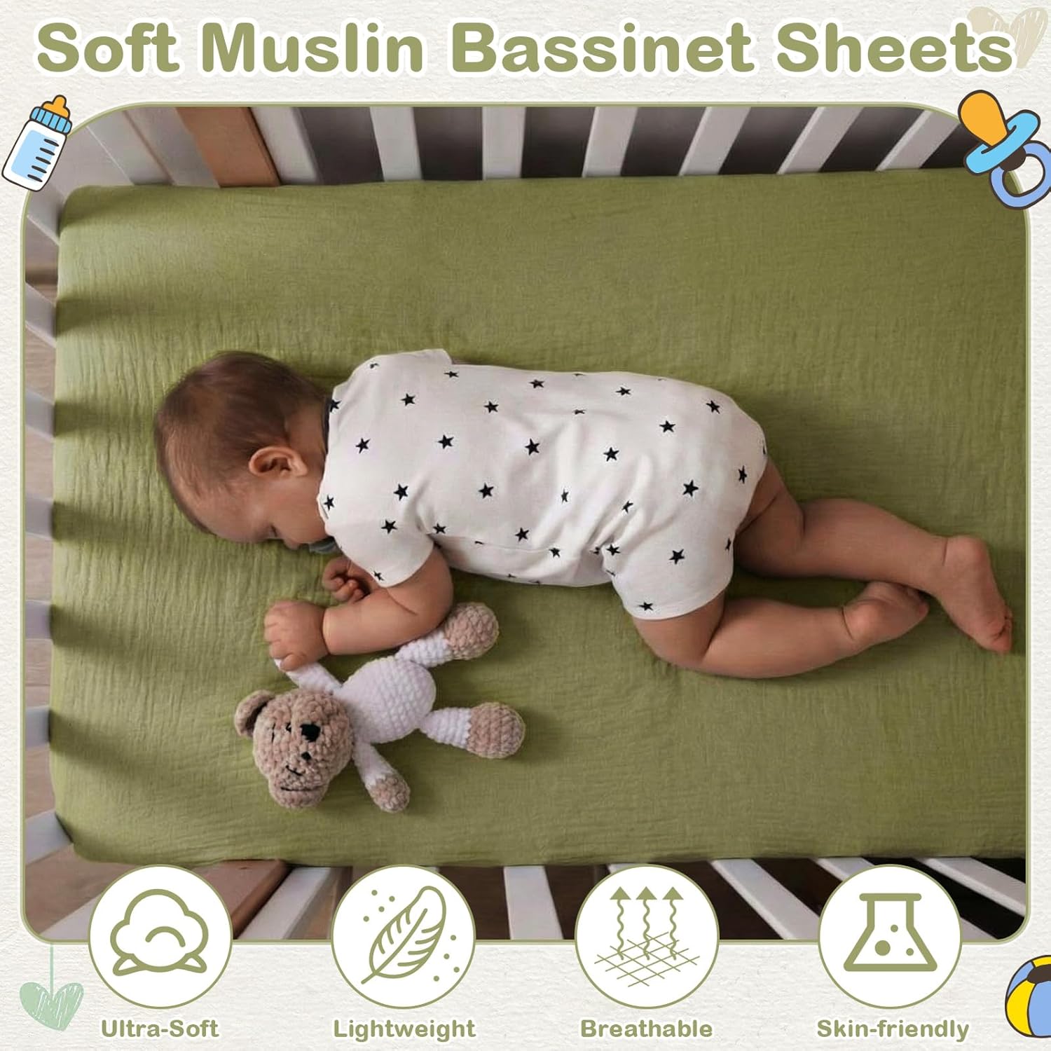 Tegeme 4 Pack Muslin Bassinet Sheets Soft Cotton Bassinet Fitted Sheets for Baby Boys Girls Neutral Solid Color Crib Mattress Cover Fit for Rectangle & Oval Bassinets Mattress(Bright Colors)