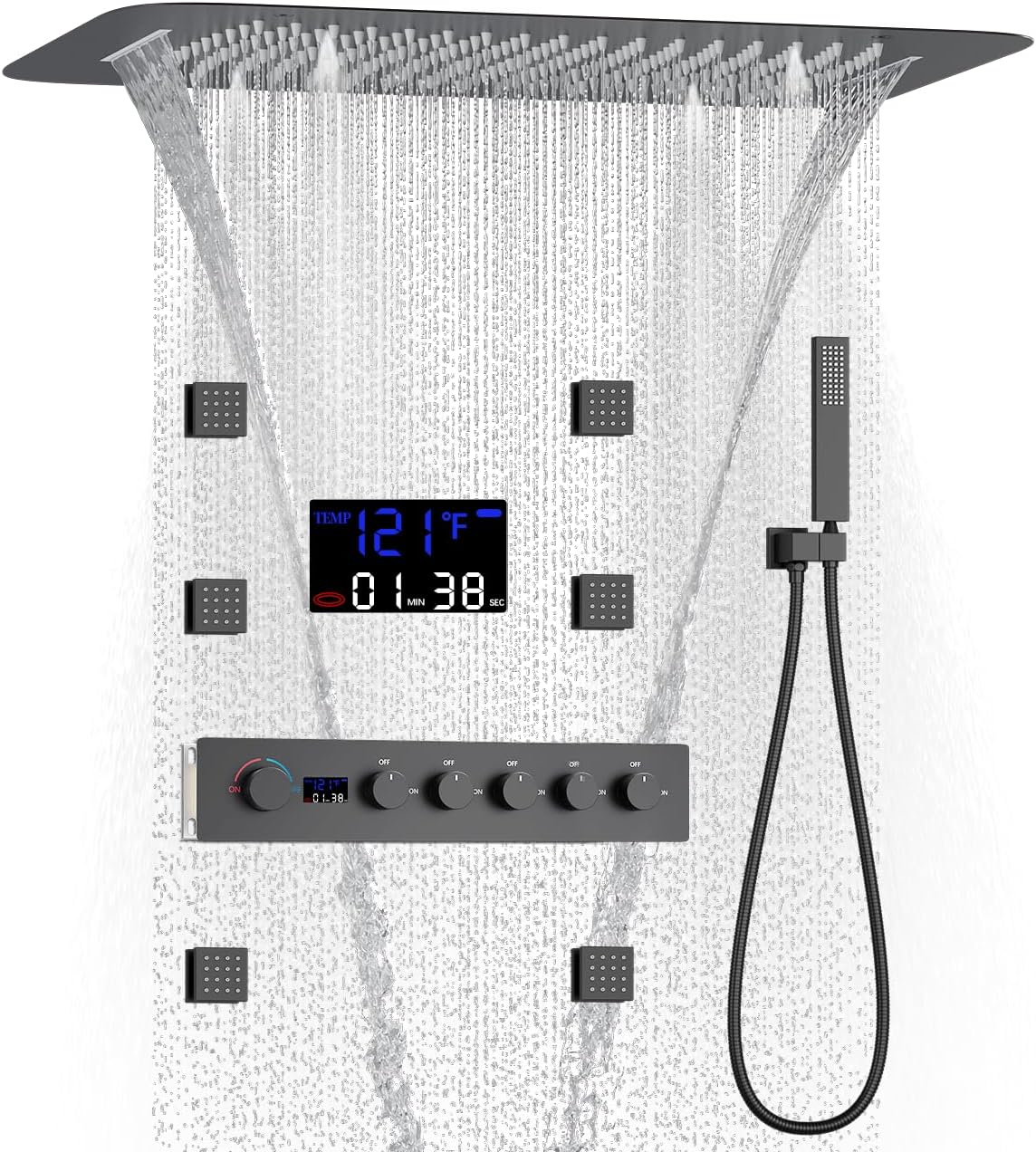 AYIVG Matte Black Rainfall Mist Shower Faucet Set Complete Full Body Shower System with 16 * 24 Inch Rain Waterfall Shower Thermostatic Shower System With 6 Pcs Body Jets Display Shower System