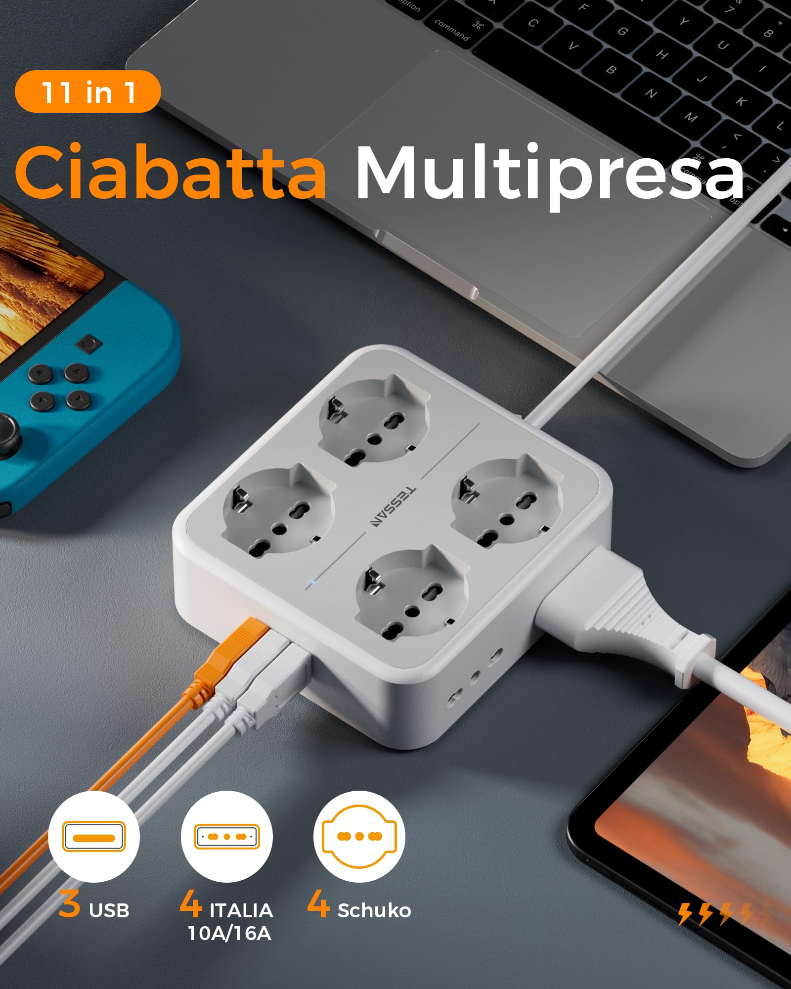 TESSAN Ciabatta Multipresa con USB, Presa Multipla con 4 Schuko e 4 Bivalenti 10A/16A, Multipresa Elettrica con Interruttore e 3 USB A, Ciabatta Elettriche 3680W con Prolunga Elettrica 3M, Grigio