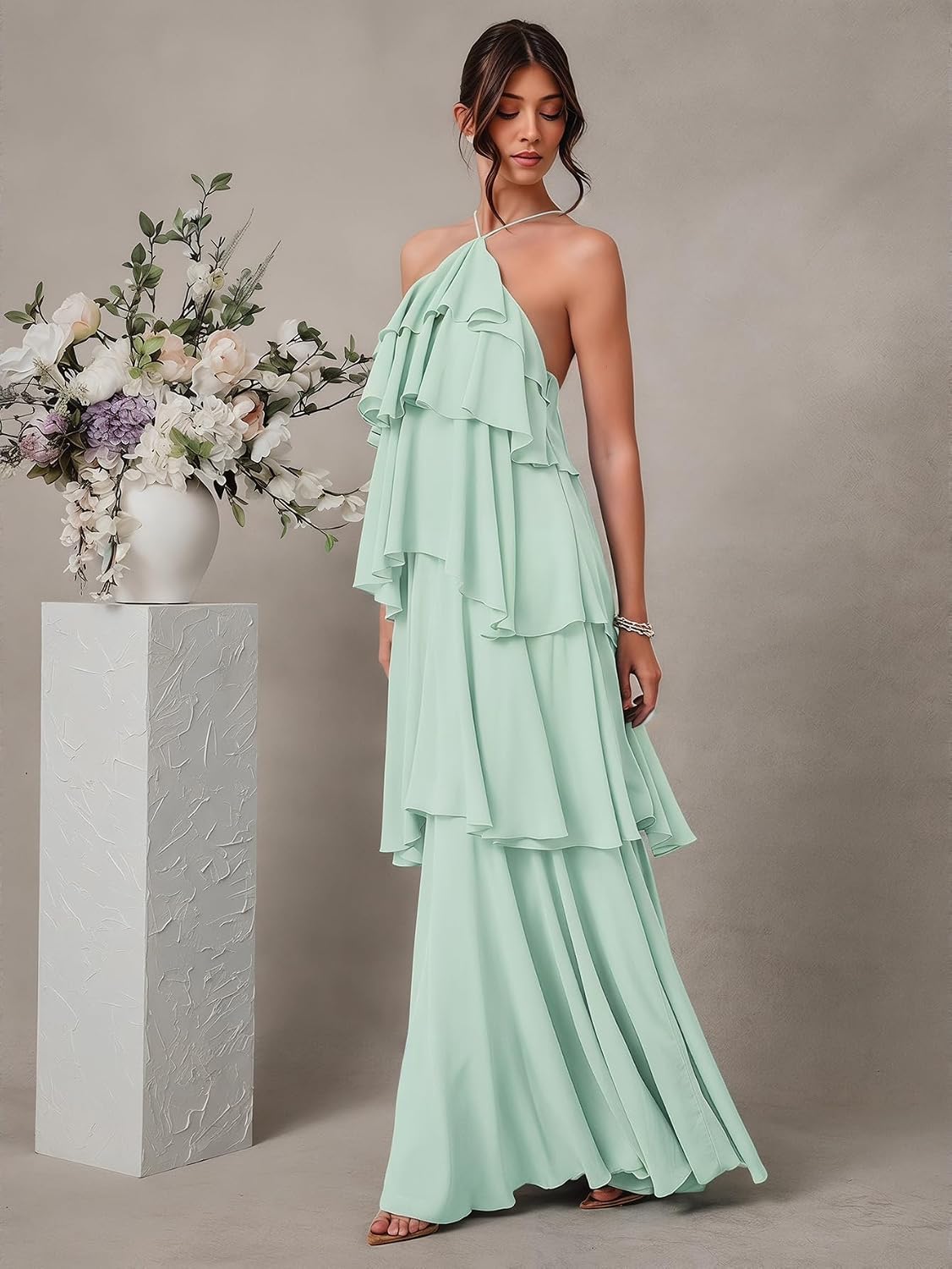 SOLY HUX Women's Sundresses Ruffle Layered Halter Flowy Maxi Dress Elegant Wedding Guest Dresses