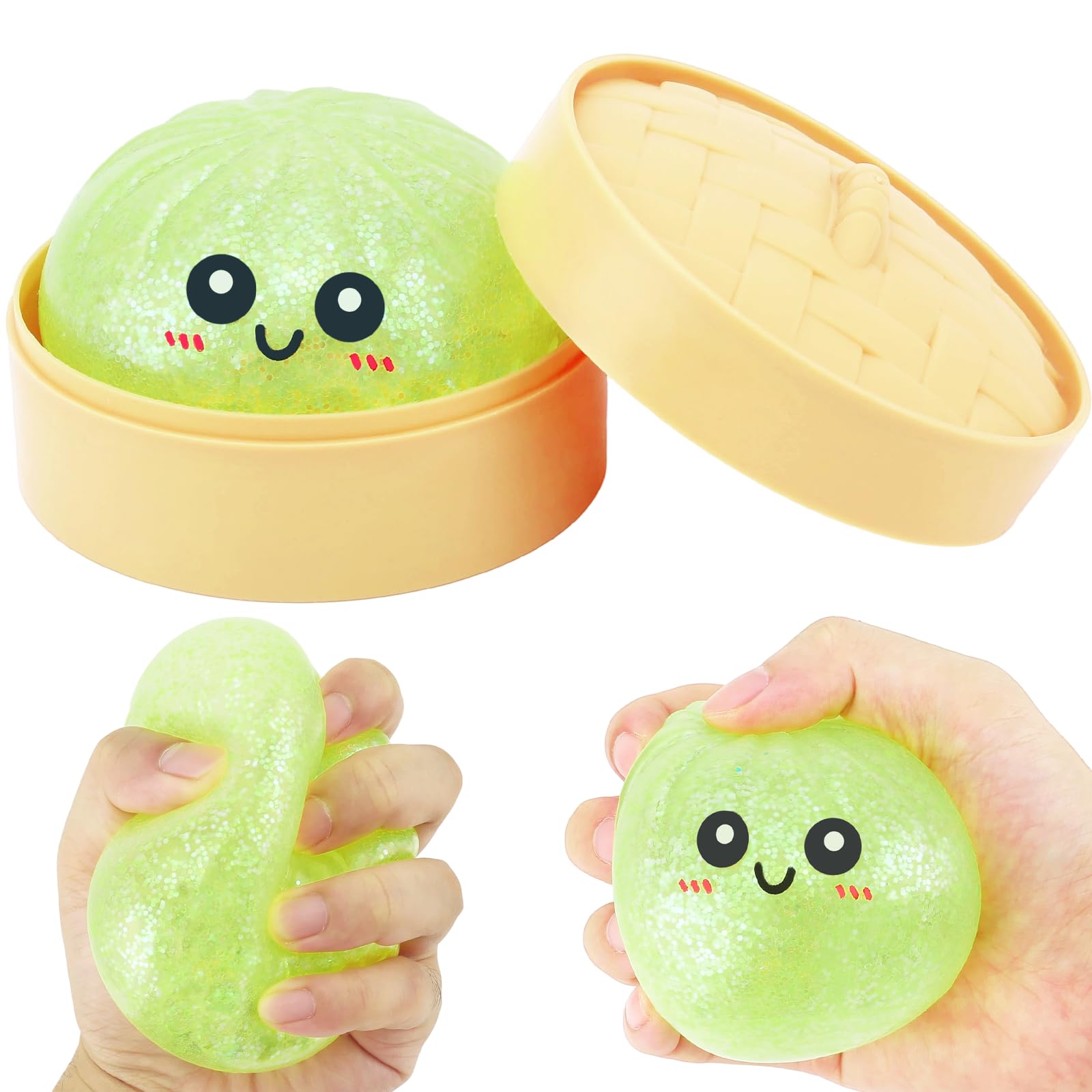 RZCOMP Dumpling Squishy Glitter Dumpling Squishy Toys with Plastic Steamer Box,Big Dumpling Squishy Stress Relief Fidget Novelty Squeeze Toys Gift for Adults & kids (Green) — image 1