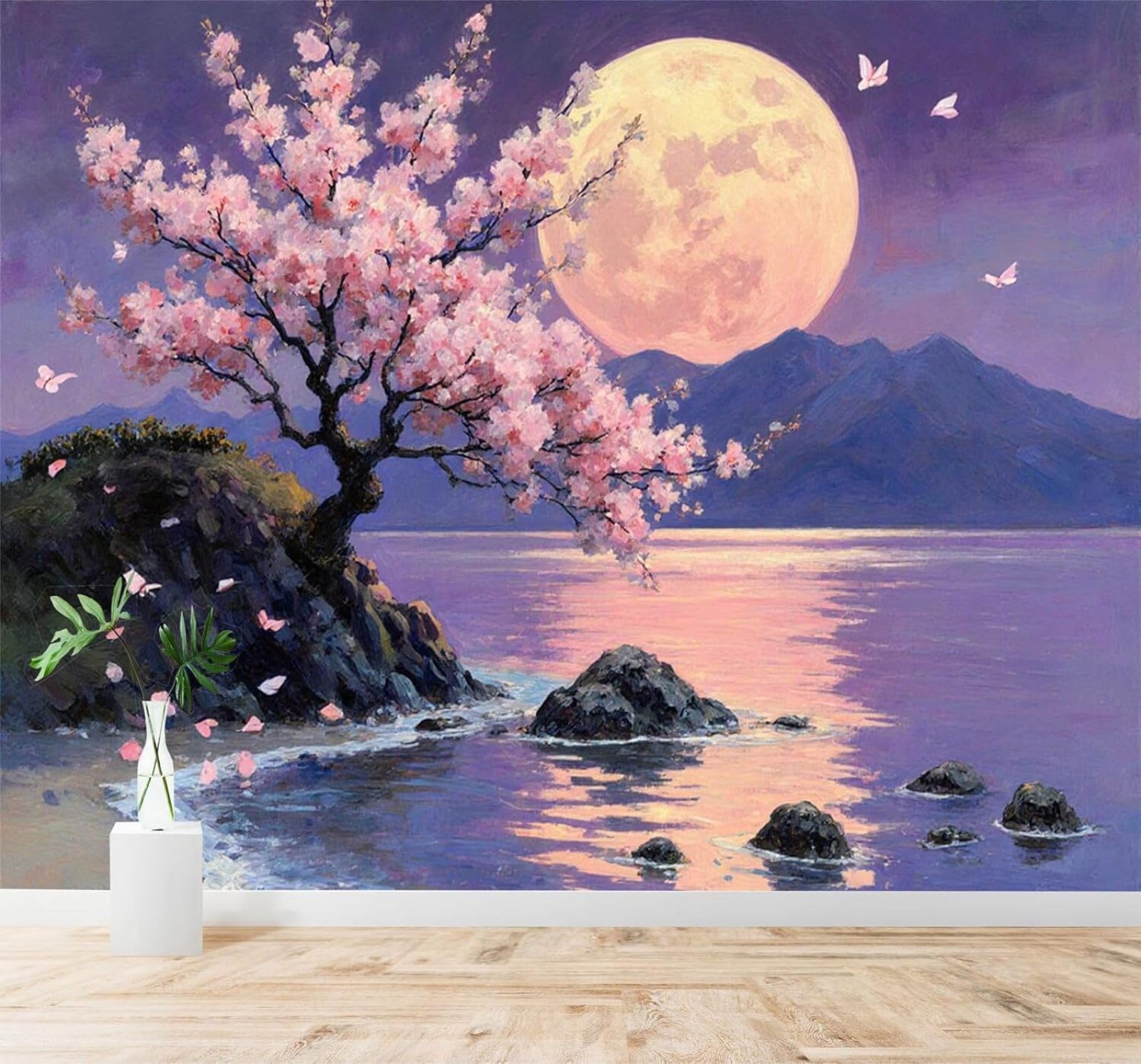 Tzxztt Beautiful Full Moon Cherry Blossom Trees Mountains Lakes Modern 3D Wallpaper Premium Textured Silk Neutral Tones Material Ideal for Living Room Bedroom-250cm×170cm