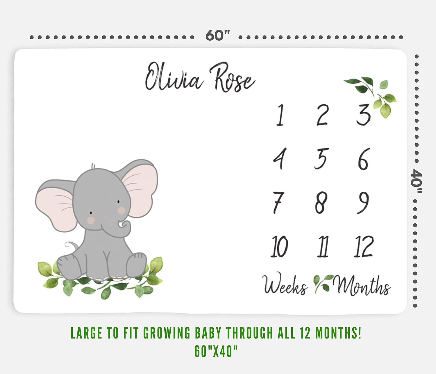 Baby Milestone Blanket for Girl or Boy | Large 58x36”, Personalize Name Newborn Photo Mat, Elephant Infant Month Blankets, Newborn Photography, Best for New Moms (Animal)