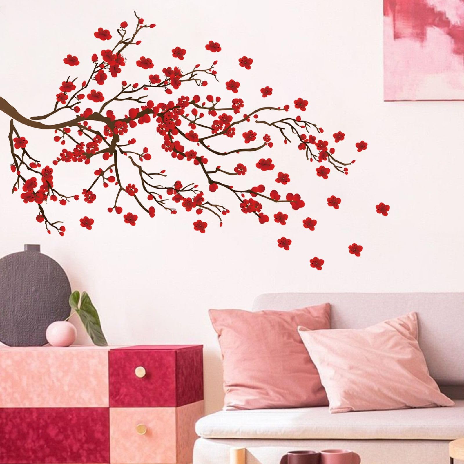FUFUQUARE Red Plum Blossom Wall Stickers Chinese Ink Flower Branch Wall Decals Removable Peel and Stick Decor for Living Room Bedroom Sofa TV Background - Image 4