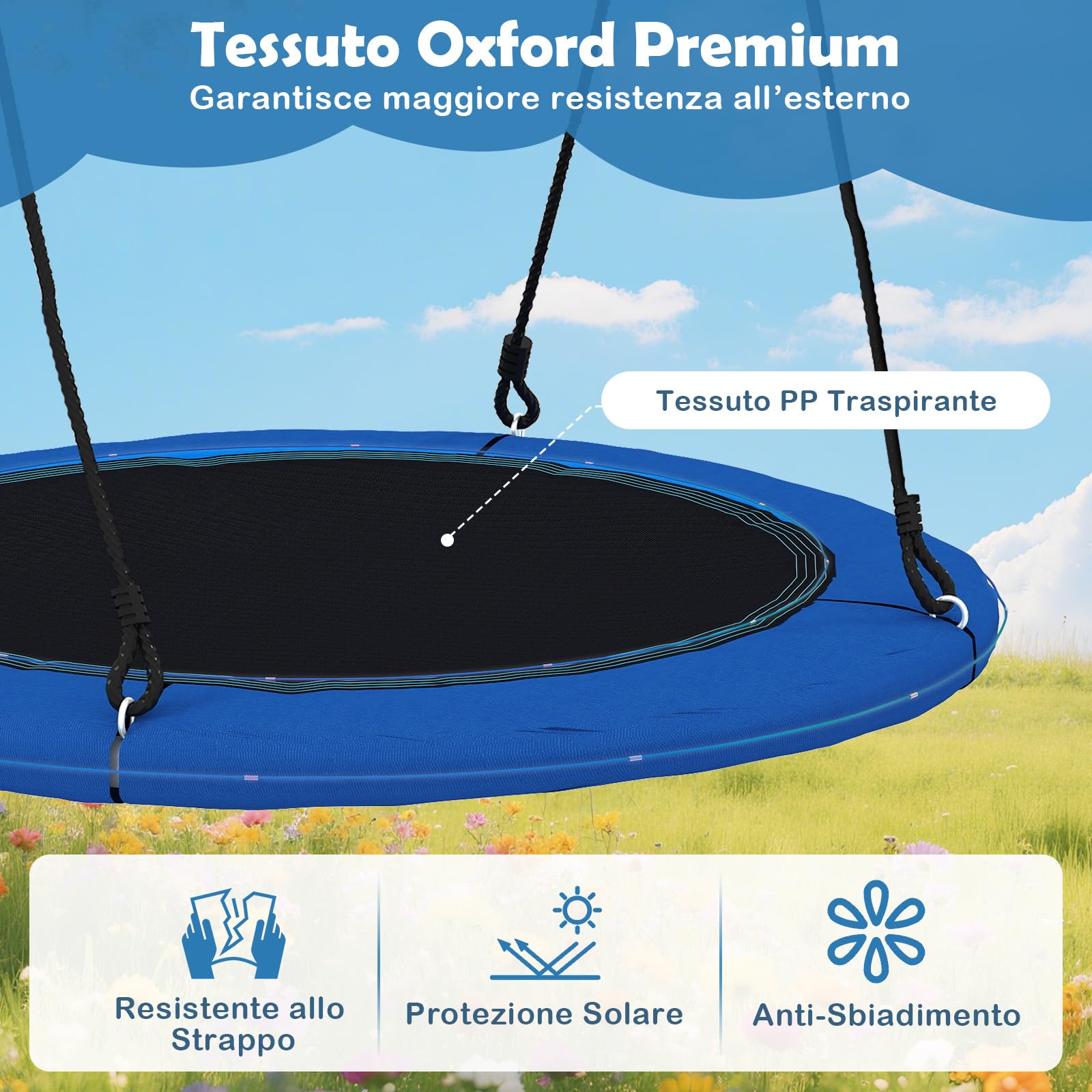 COSTWAY Altalena a Nido 100 cm per Bambini e Adulti, Altalena Rotonda con Luci LED Colorate e 2 Funi Regolabili, Capacità di Carico 300 kg da Giardino Esterno (Blu)