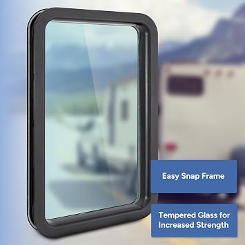 RecPro RV Entry Door Obscure Glass Window 16 W x 25 H | Radius Entrance Door Window | with Black or White Frame (Black)