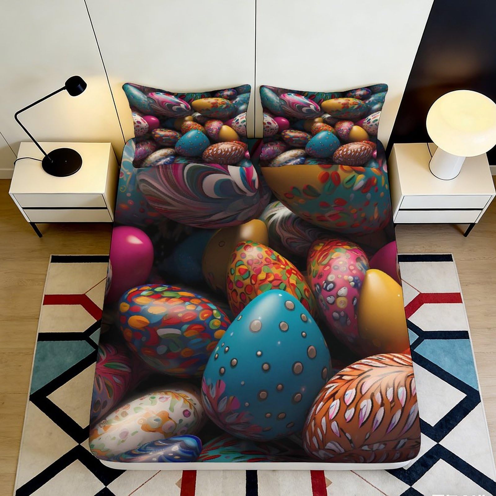 3D Printed Easter Eggs Fitted Sheet Microfiber Deep Pocket All Wrap Bedroom Bedding Easter Mattress Fitted Cover Non-Slip Washable 180x200x25cm