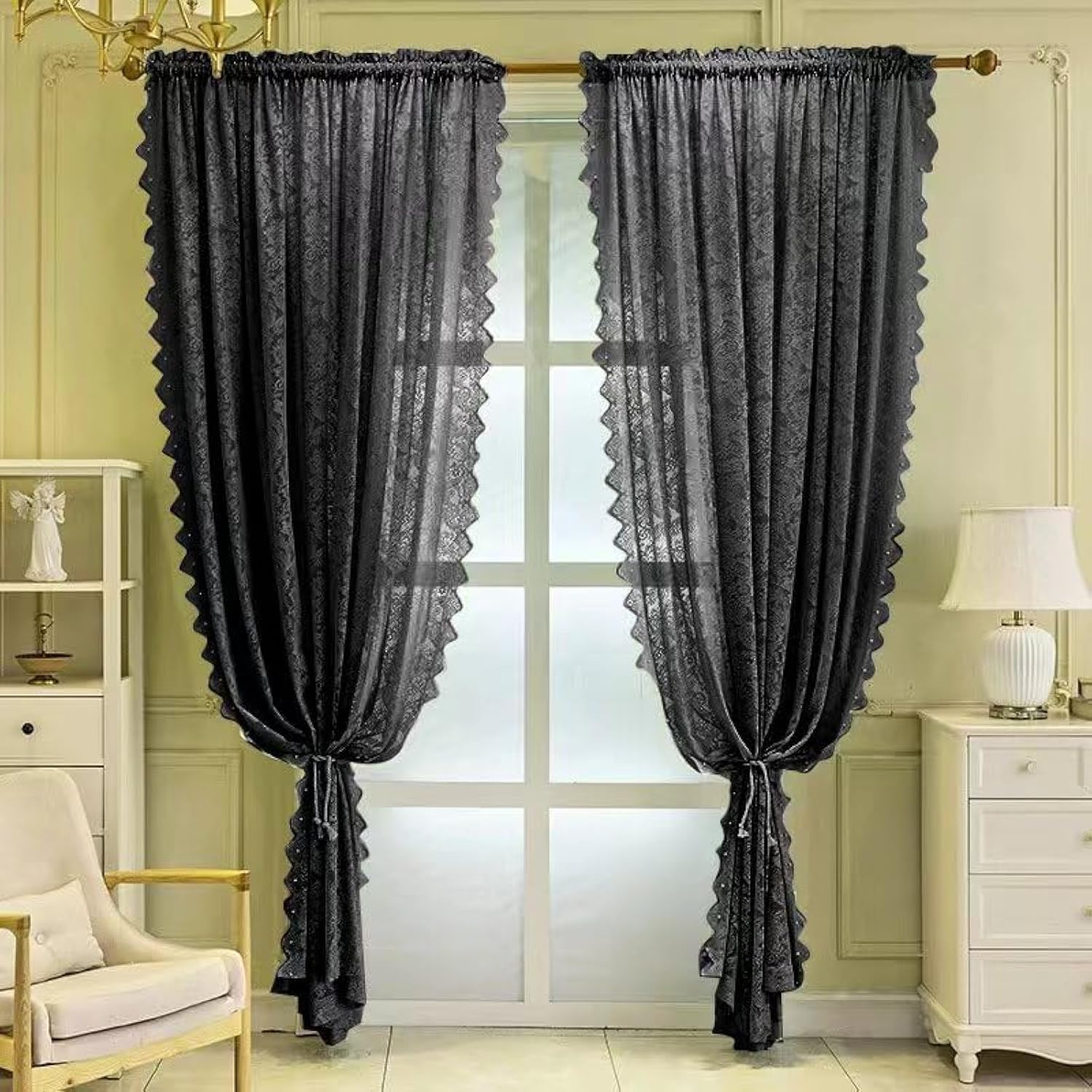 F-CHU Lace Curtains for Windows 54 inch Drop Vintage Net Curtain for Old House Shabby Chic Sheer Voile Curtains 2 Panels(140cm Width x183cm Drop) Black Curtain
