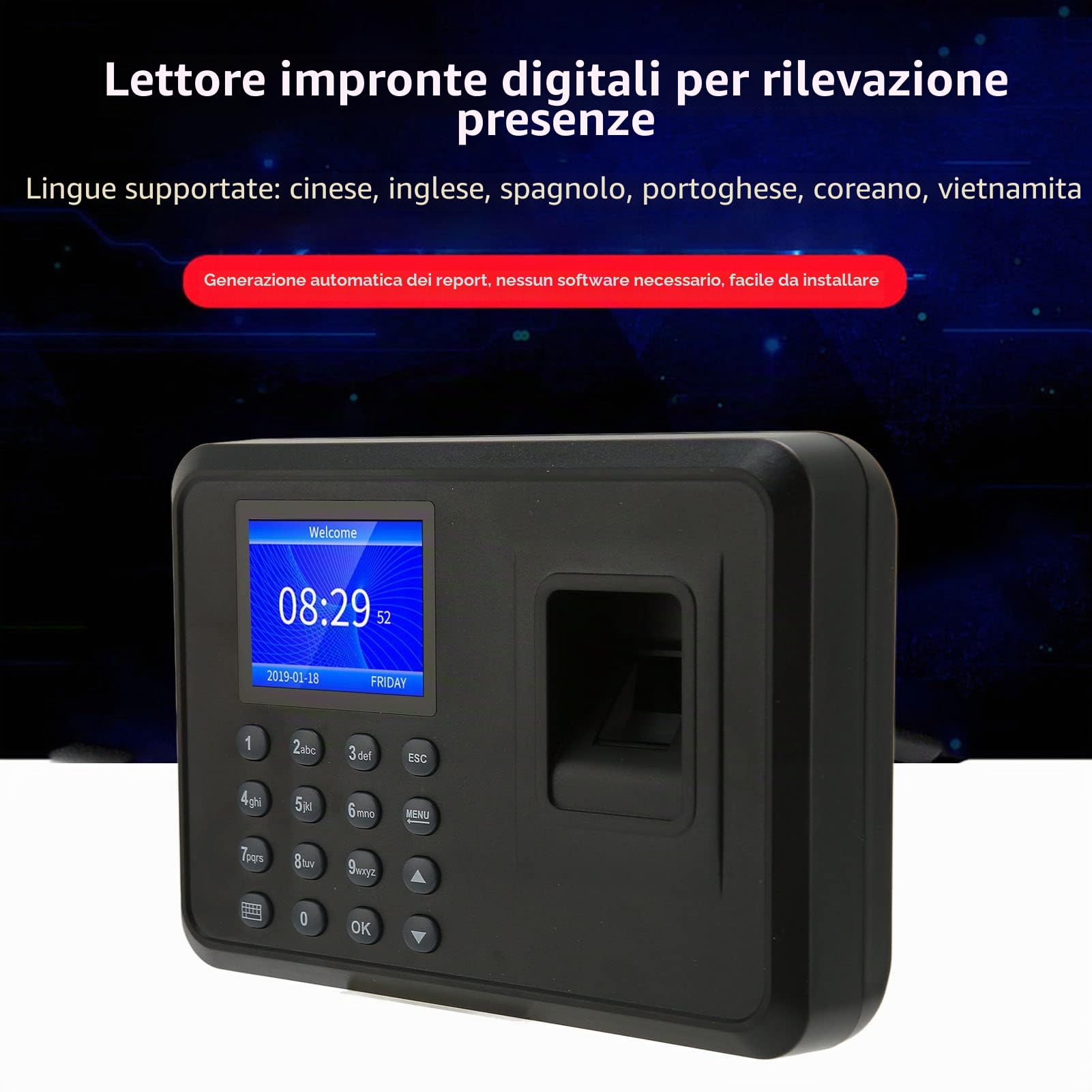 Macchina Biometrica per la Rilevazione delle Presenze dei Dipendenti, Orologio con Impronte Digitali con Schermo LCD da 2,4 Pollici 1000 Utenti, Macchina Biometrica per la (Spina