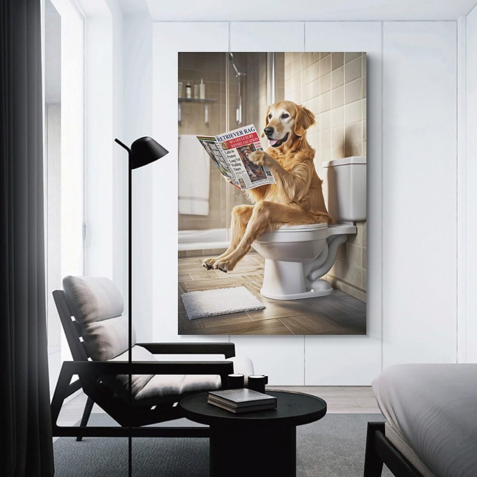 Junmoney Decorative Wall Artwork Golden Retriever on Toilet, 24x36inch(60x90cm), for Sofa Walls, Lounge Or Home Corners, Modern Wall Decor for Cosy Interiors