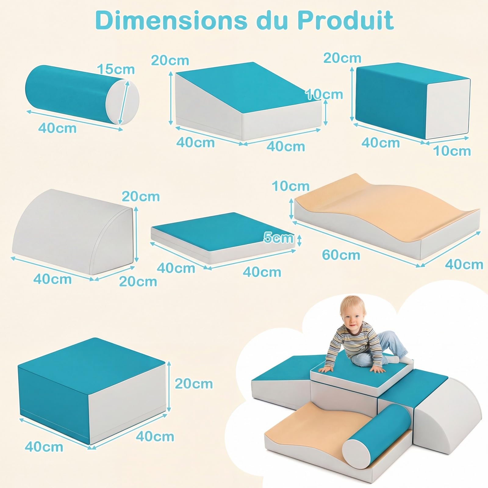 COSTWAY 7PCS Parcours Motricité Bébé en Mousse avec Housse en PU, Module Motricité Bébé avec Diverses Couleurs & Formes, Jouets Éducatifs pour Ramper Grimper, Nettoyage Facile, 18 Mois+ (Bleu)