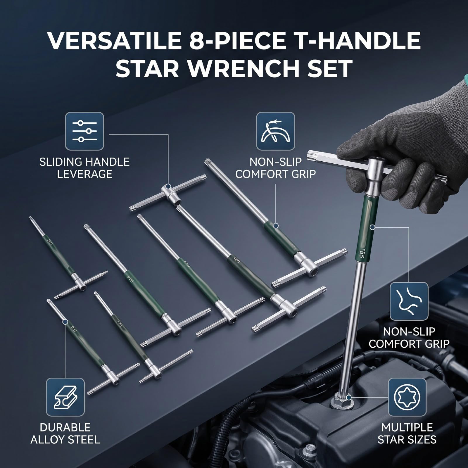 GOWENIC Stern-Inbusschlüssel mit T-Griff, 8-teiliger Satz |T55 Bis T10 -Schlüssel für Mechanische Arbeiten