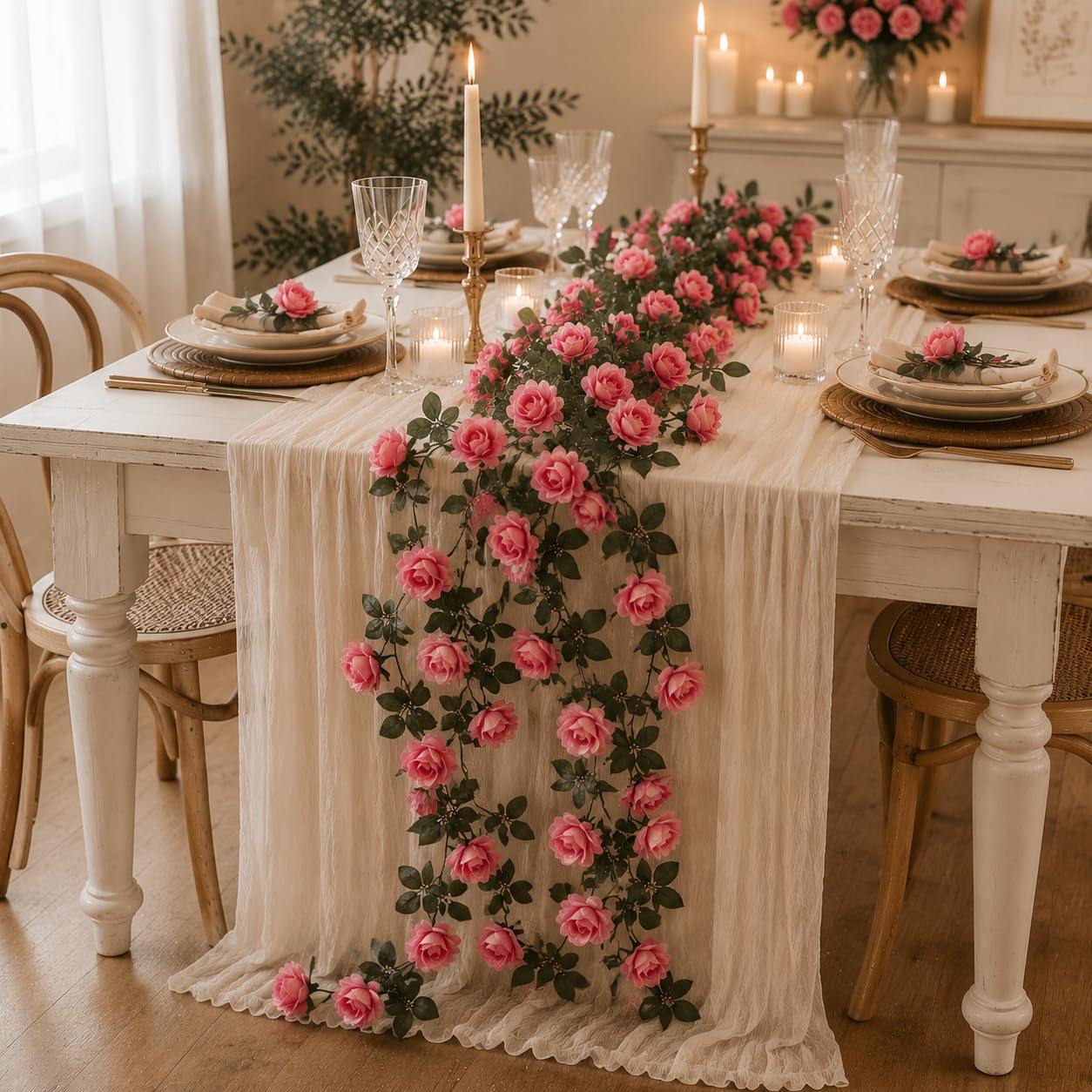 LZJDHKJ 6Pcs Artificial Flower Garland Silk Fake Flower Greenery Vines for Wedding Home Party Table Runner Centerpiece Decoration Pink,One Size