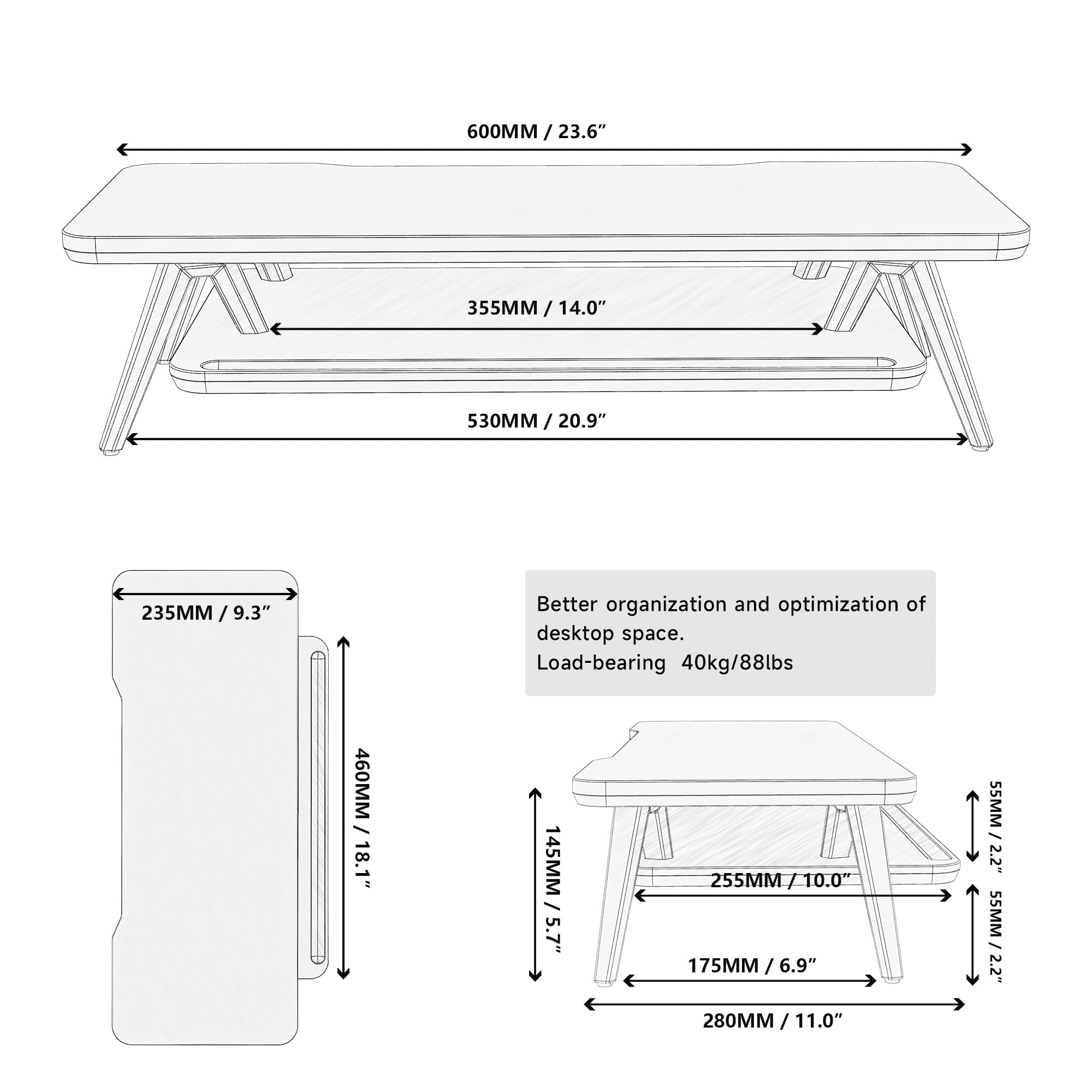 Soporte Monitor Fenge con Ranura para Smartphone, Tableta y Bolígrafo, Elevador de Escritorio Madera y Metal, 60cm Negro