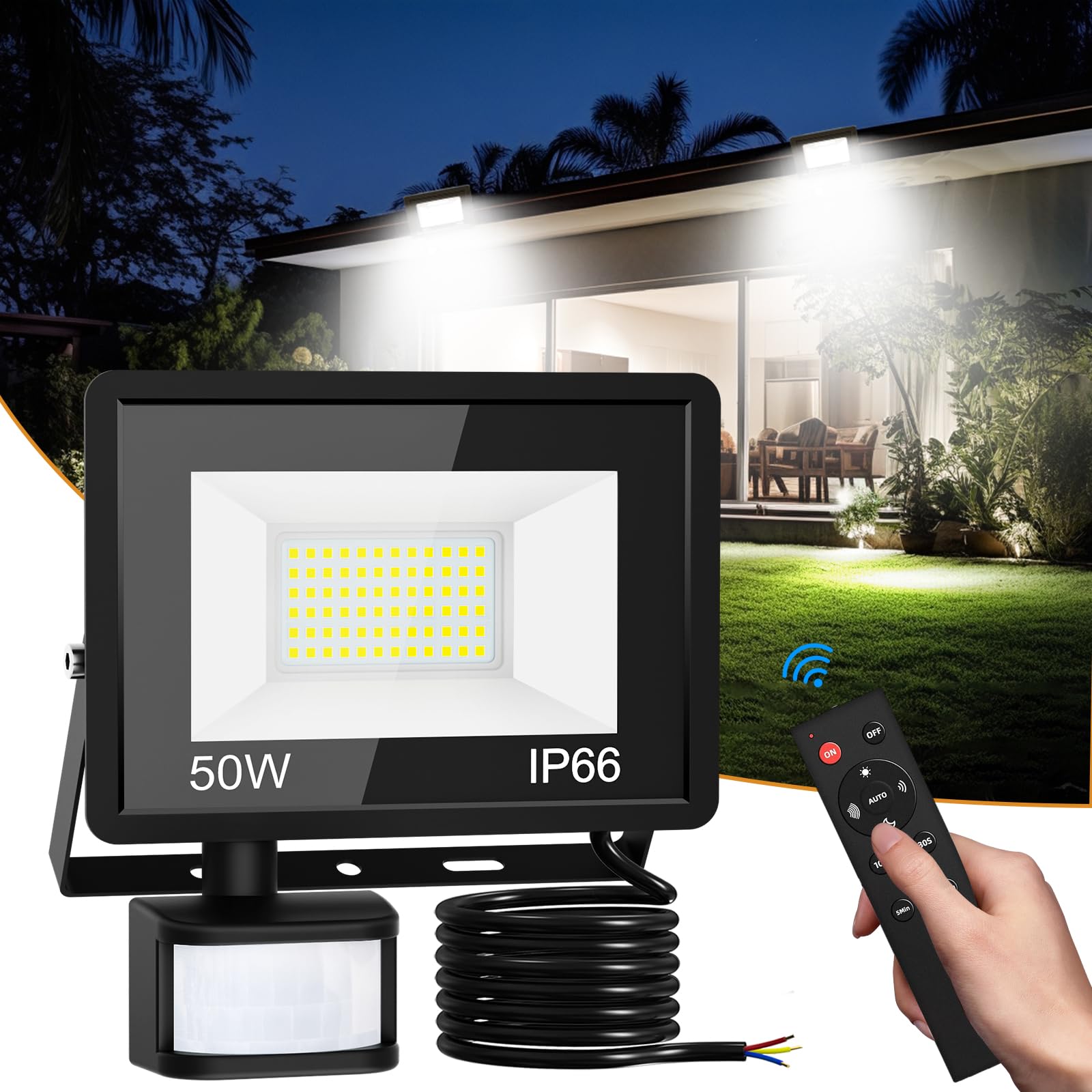 vighep Security Lights Outdoor Motion Sensor, 50W Led Pir Floodlight with Remote Control, 6500K Cold White IP66 Waterproof Outside Wall Light Mains Powered for Garage Backyard Garden Doorway — image 1