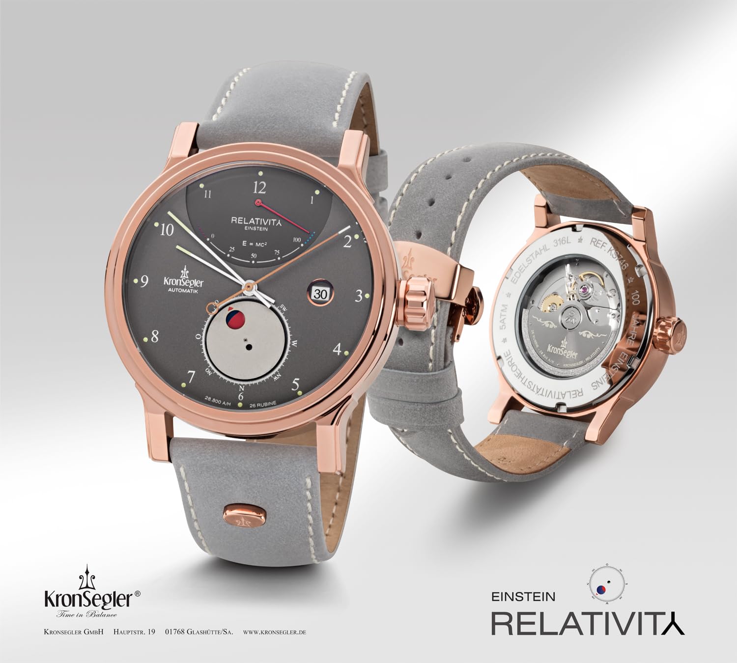 Kronsegler Einstein - Relativity Rosé Umbra - Herrenuhr Automatik | Automatikuhr 43mm mit Saphirglas | Gangreserveanzeige, Lederband