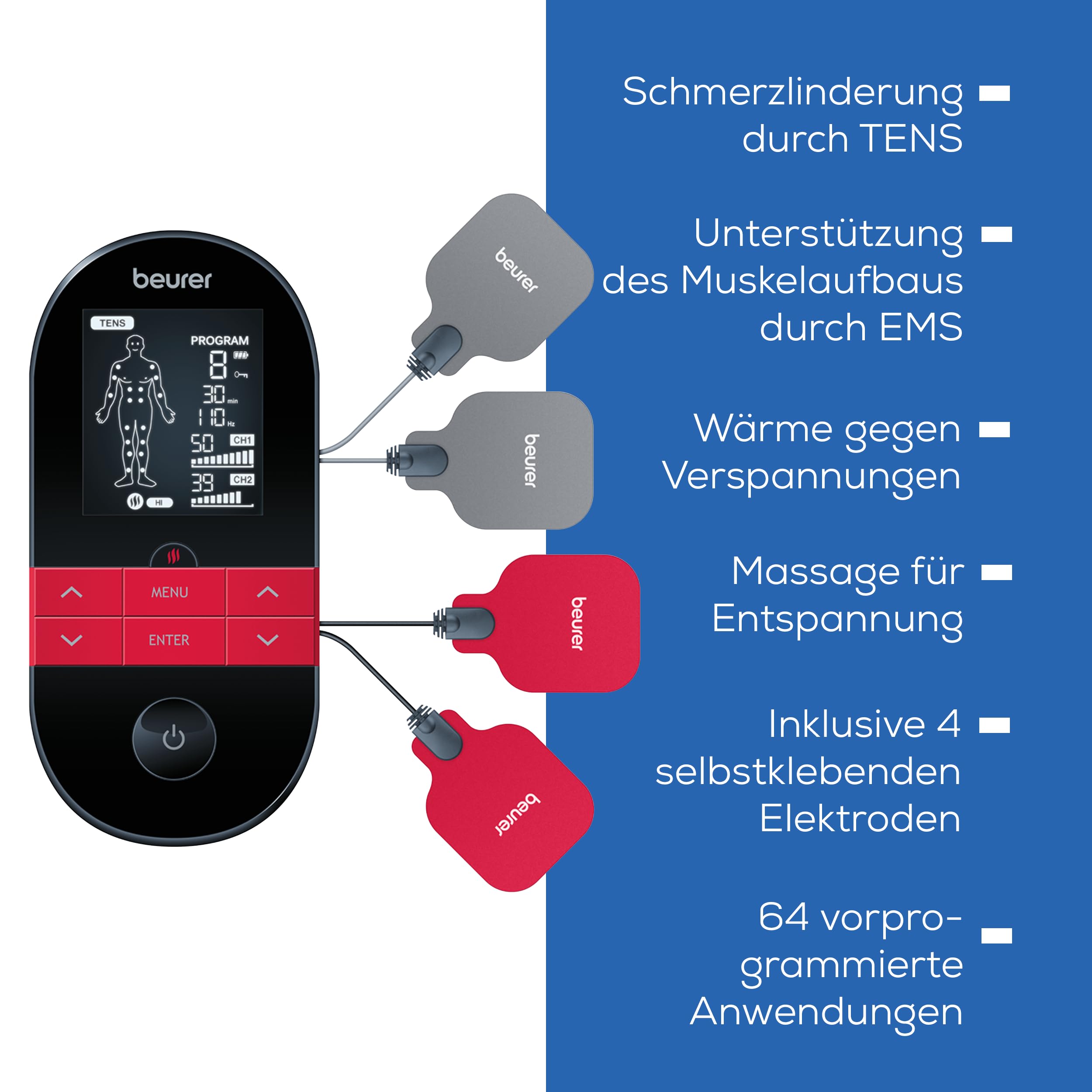 Beurer EM 59 Heat digitales TENS / EMS Gerät, 4-in-1 Reizstromgerät zur Schmerztherapie, Muskelstimulation, Massage und Wärmetherapie, inkl. 4 Elektroden und Akku