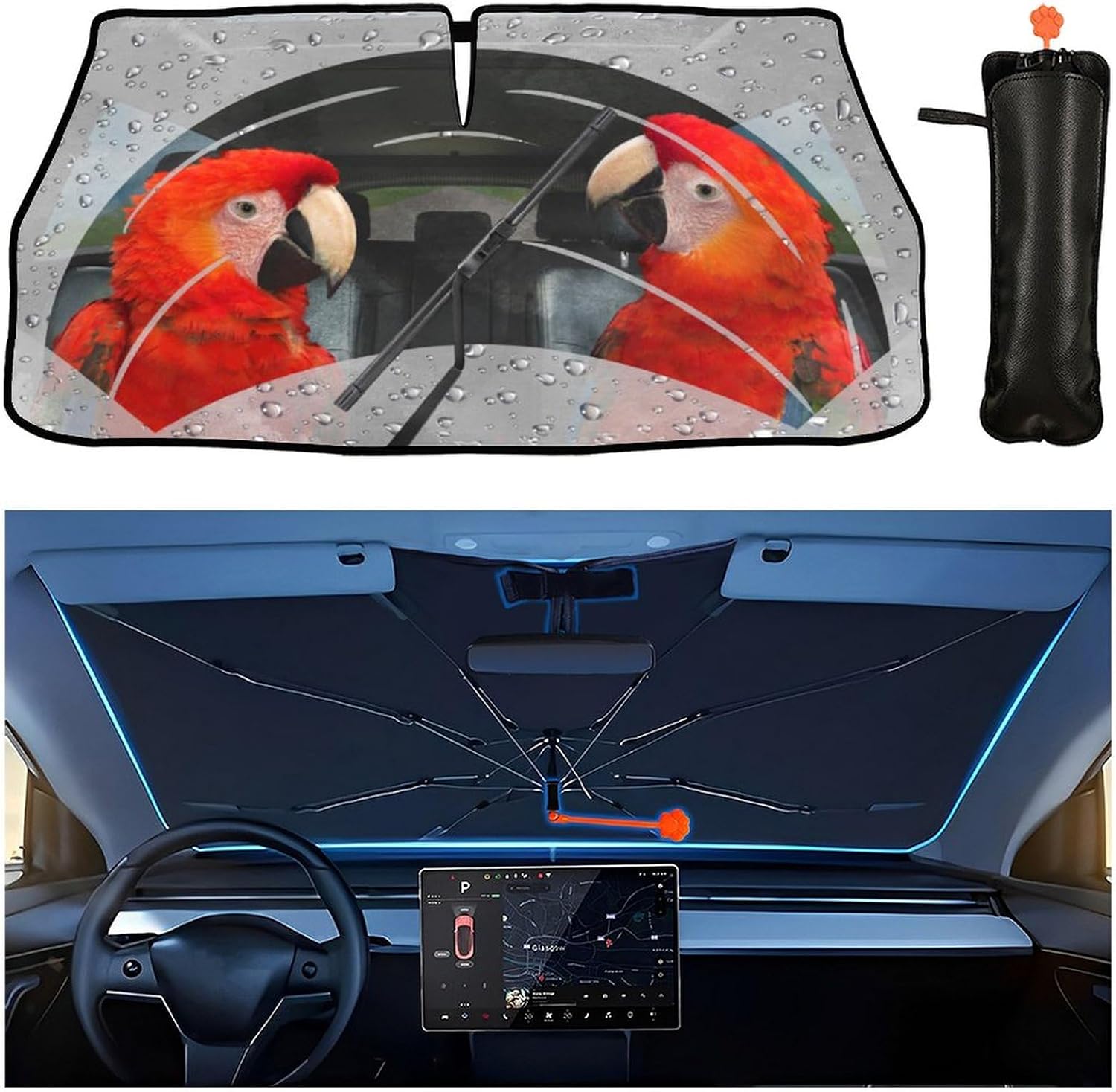 Car Windshield Sun Shade Umbrella,Parrot Bird Foldable Car Umbrella, UV Block&Heat Insulation Automotive Front Window Sunshade Cover for Cars Trucks, 57"X30"