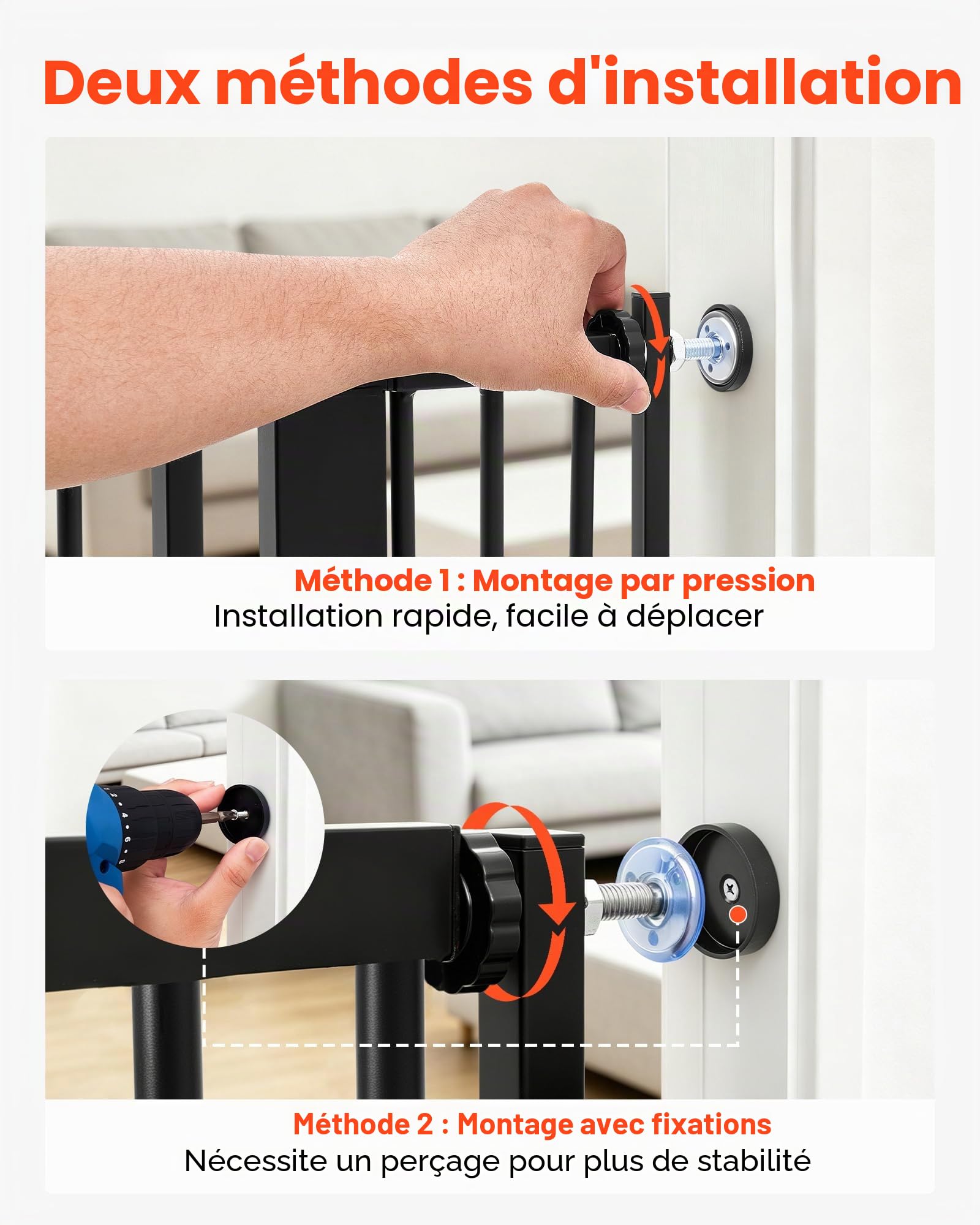 VEVOR Barrière de Sécurité pour Animaux Très Haute, Largeur Réglable 74-105 cm, Porte Chien Hauteur 142 cm, Barreaux Espacés 33 mm, Fixation par Pression ou Murale, pour Escaliers Portes Maison, Noir
