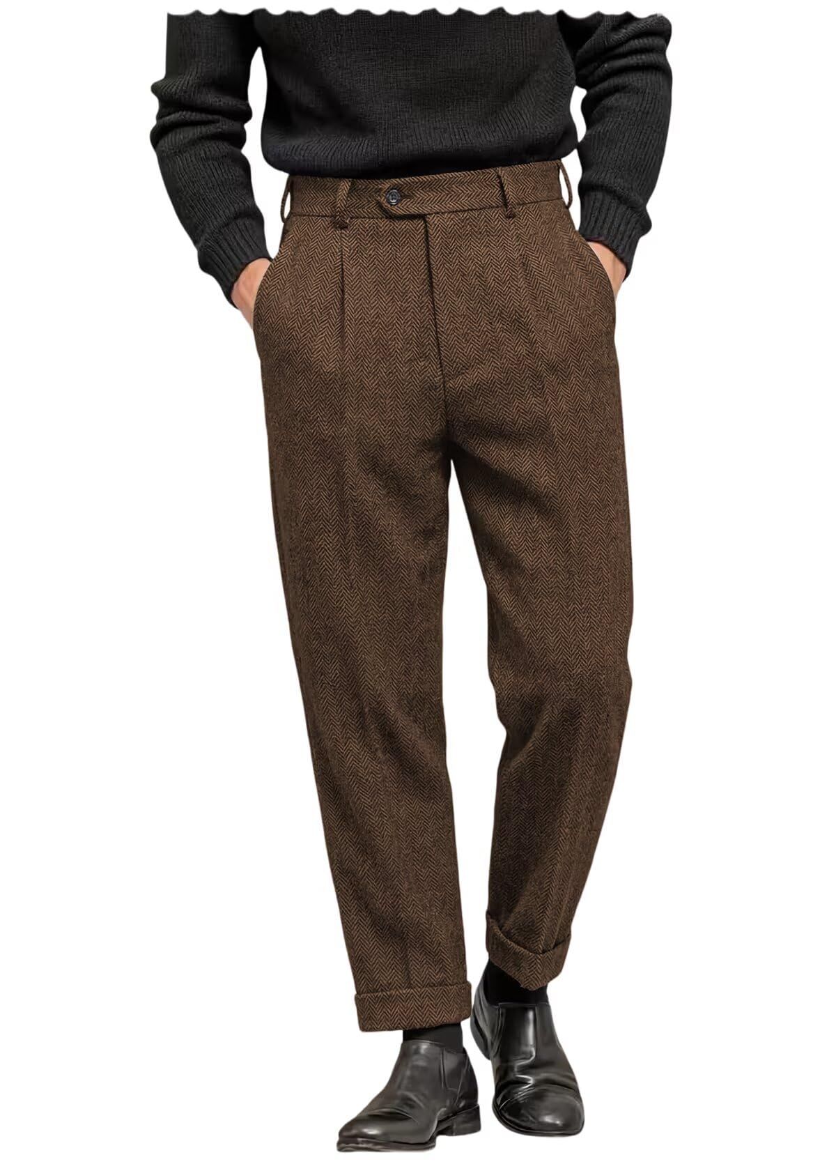 Pantalones de traje para hombre, estilo vintage, estilo casual, de lana gruesa, plisada, parte delantera
