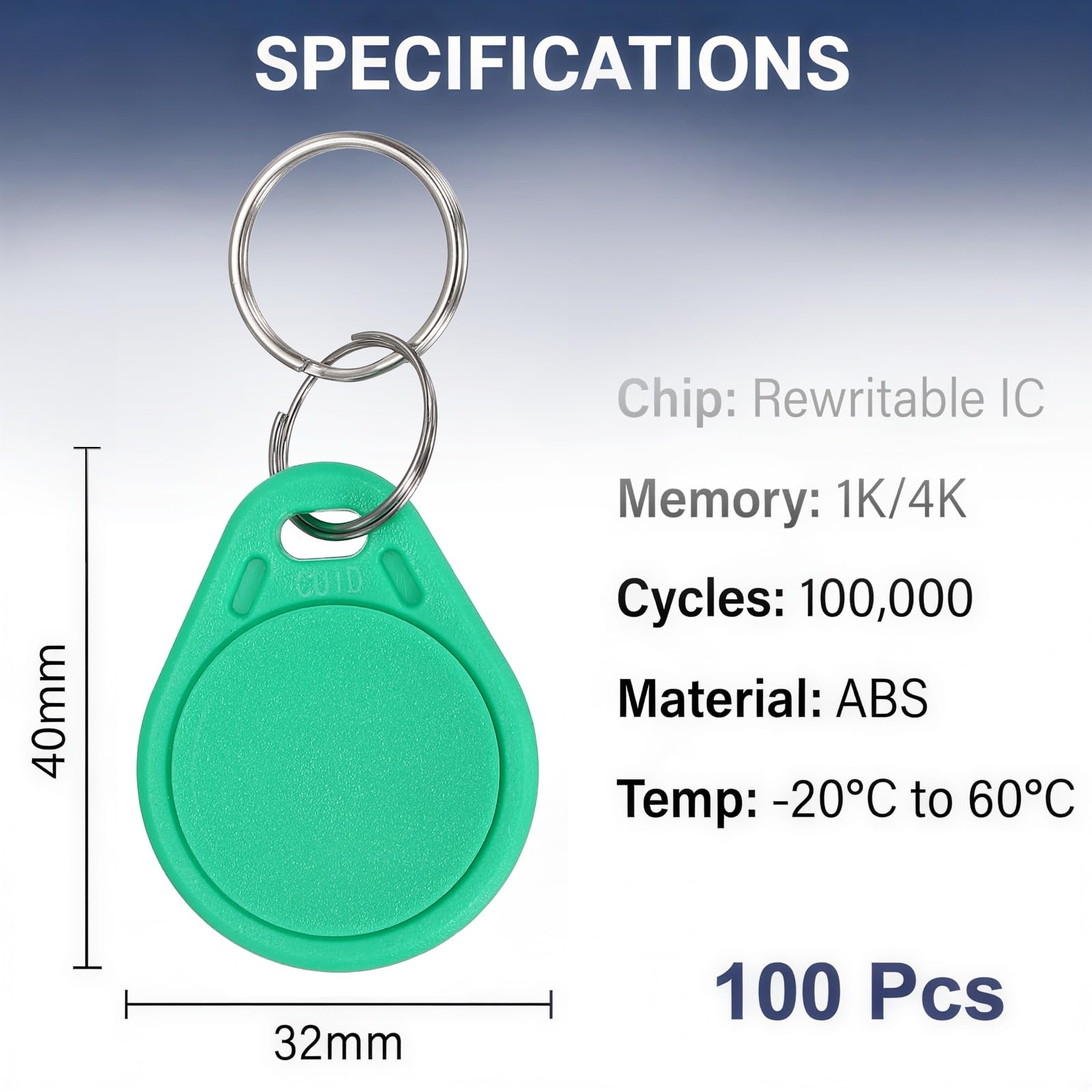 Lot de 100 porte-clés RFID 13,56 MHz | Porte-clés de proximité réinscriptible NFC | Vert | Contrôle d'accès, pour bureau, hôtel, parking, appartement