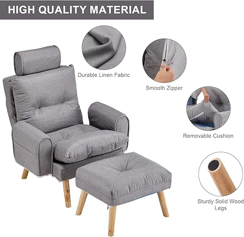 Miniatura 5 de TUKAILAi Silla decorativa moderna con otomana, sillón tapizado de tela de lino con respaldo ajustable, cómodo sofá con reposapiés para sala de estar