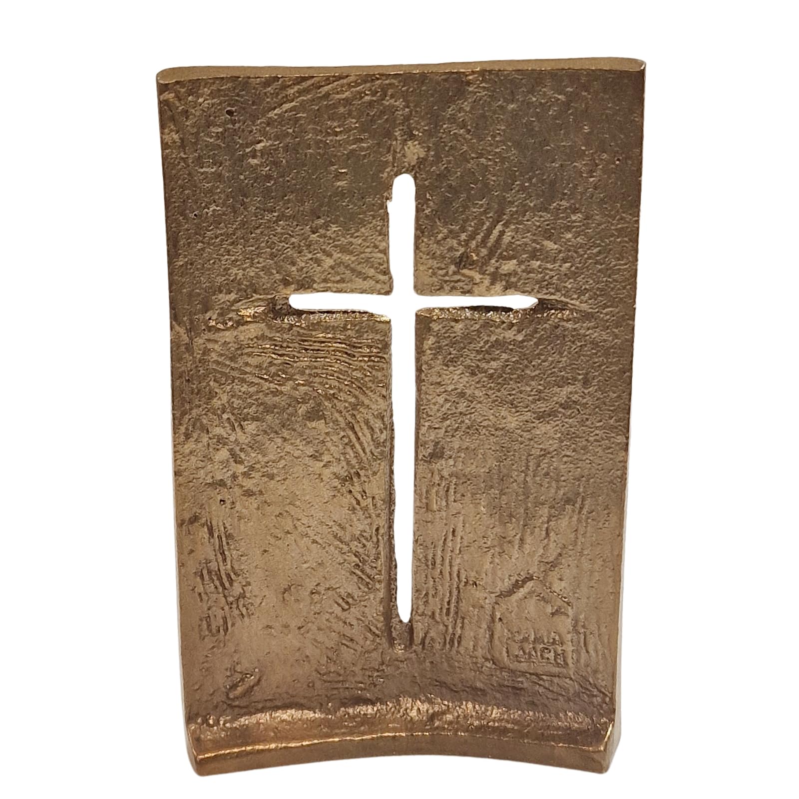 Herzmensch Kleines goldenes Kreuz 5,5 x 8,5 cm zum Hinstellen aus massiver Bronze - modern, edel, stehend als religiöses Geschenk zur Hochzeit, Kommunion, für Priester