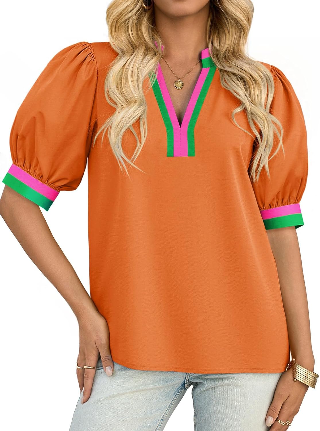 Tankaneo Womens Color Block Puff Sleeve Tops Dressy Casual V Neck Cotton Blouses Summer Loose Fit Tees Shirts Orange