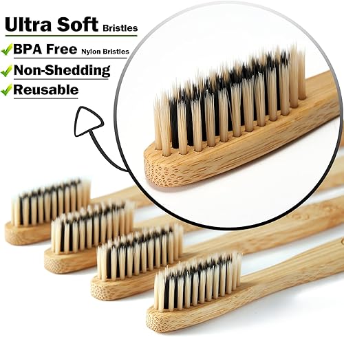 Miniatura 3 de 10 cepillos de dientes de bambú (suave + mediano) cepillos de dientes de carbón, cepillo de dientes de madera natural, cepillos de dientes de viaje