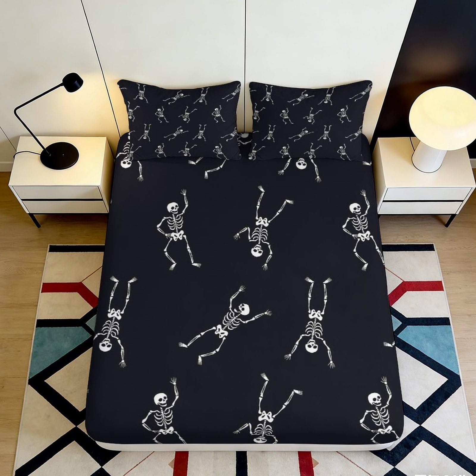 3D Printed Dancing Skeleton Fitted Sheet Microfiber Black Halloween Skull Mattress Cover for Bedroom Decor Protection 140x200x25cm