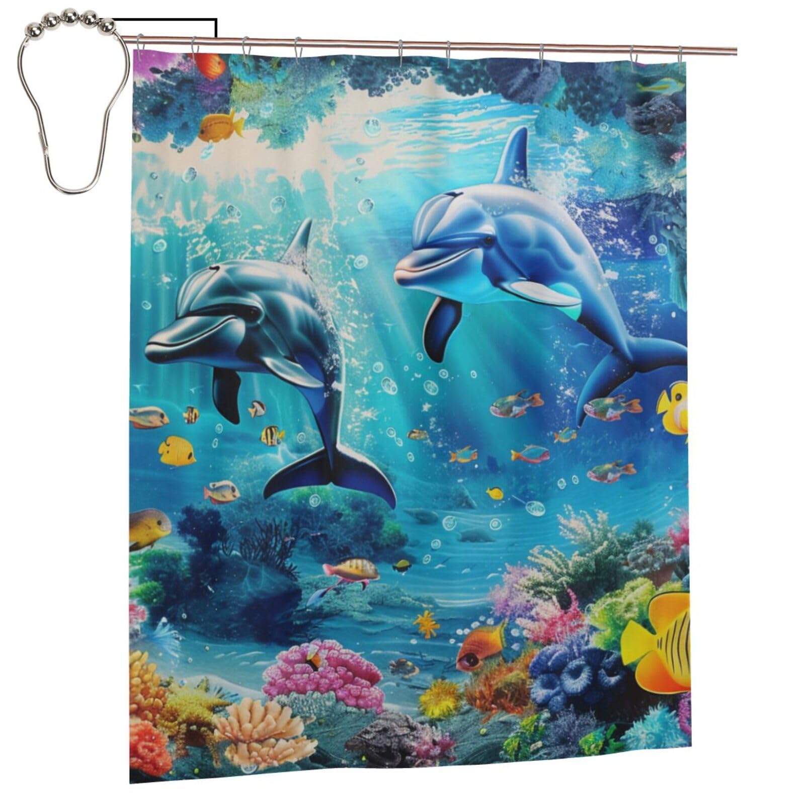 BWWHCCTI Sea Underwater Dolphin Fish Printed Shower Curtain With 12 Iron Hooks Opaque Quick Drying Waterproof Shower Curtains Sets For Bathroom 152x183 Cm