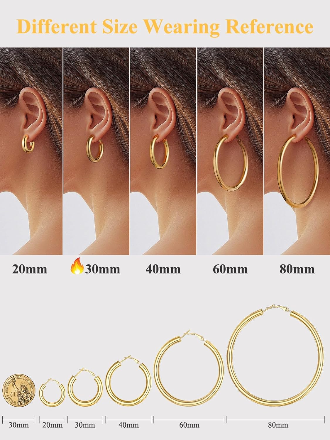 U7 Chunky Hoop Earrings for Women, Stainless Steel Hoops Earring, Classic Polished Thick Ear Jewelry, Black/Silver/Gold Hoop Earrings, 20/30/40/60/80mm - Image 4