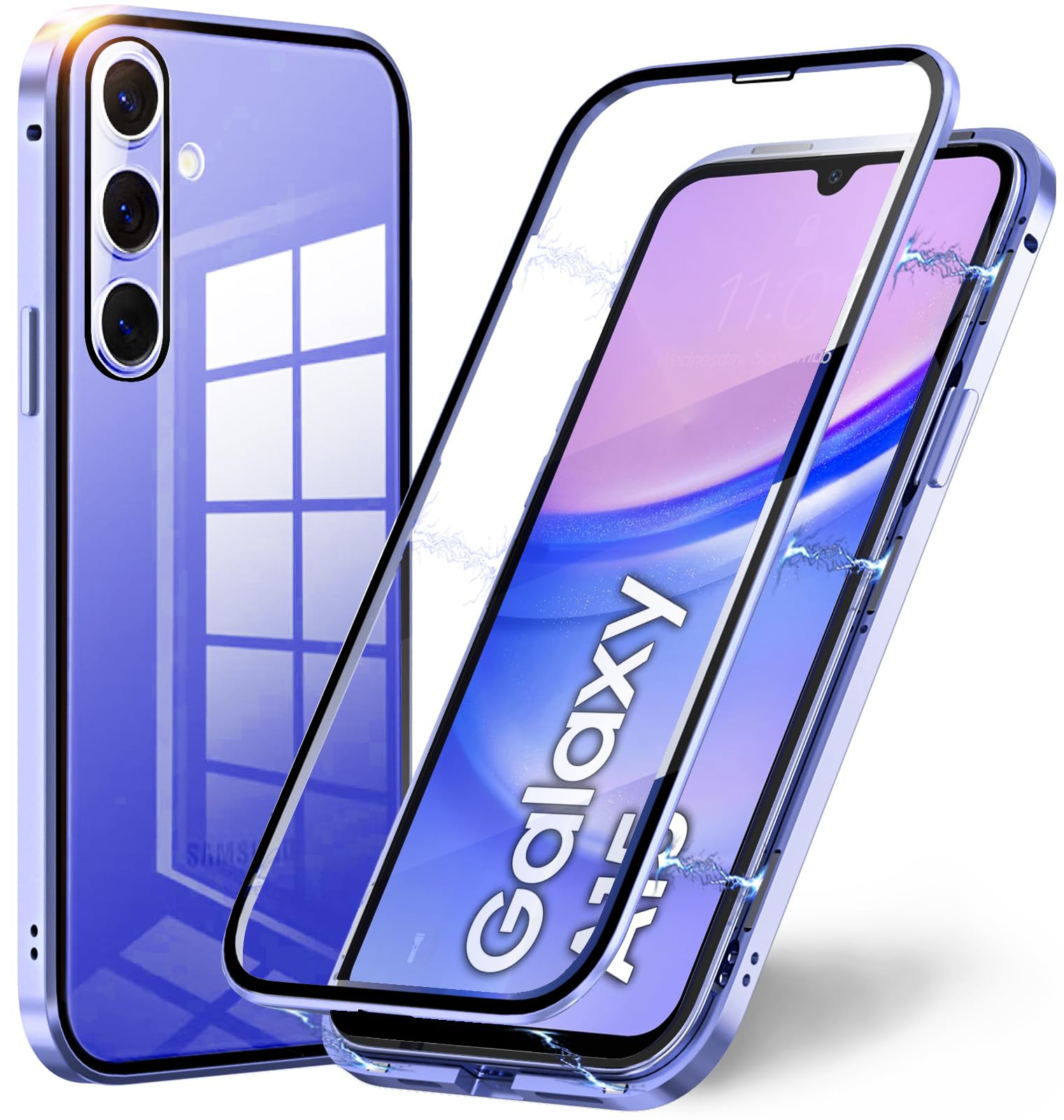 TOPF&B Case compatible with Samsung Galaxy A15,Galaxy A15 Magnetic Cover built-in Double-Side Transparent Tempered Glass,360 Degree Metal Bumper Case for Samsung A15,Clear Blue