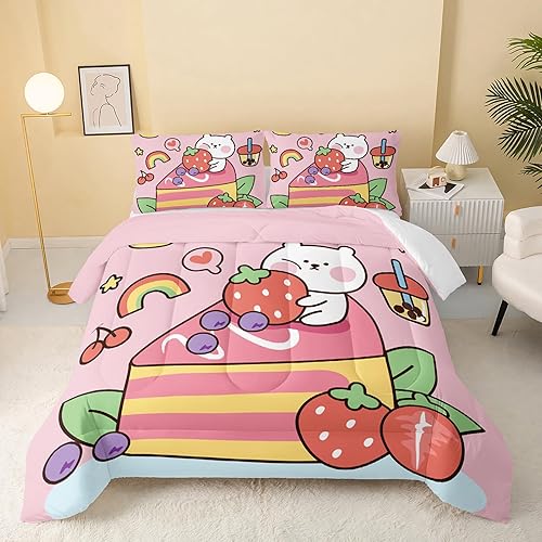 QOOMO - Juego de edredón Kawaii Oso tamaño Queen, juego de edredón rosa de oso para niños, adolescentes y niñas, juego de cama de 3 piezas con