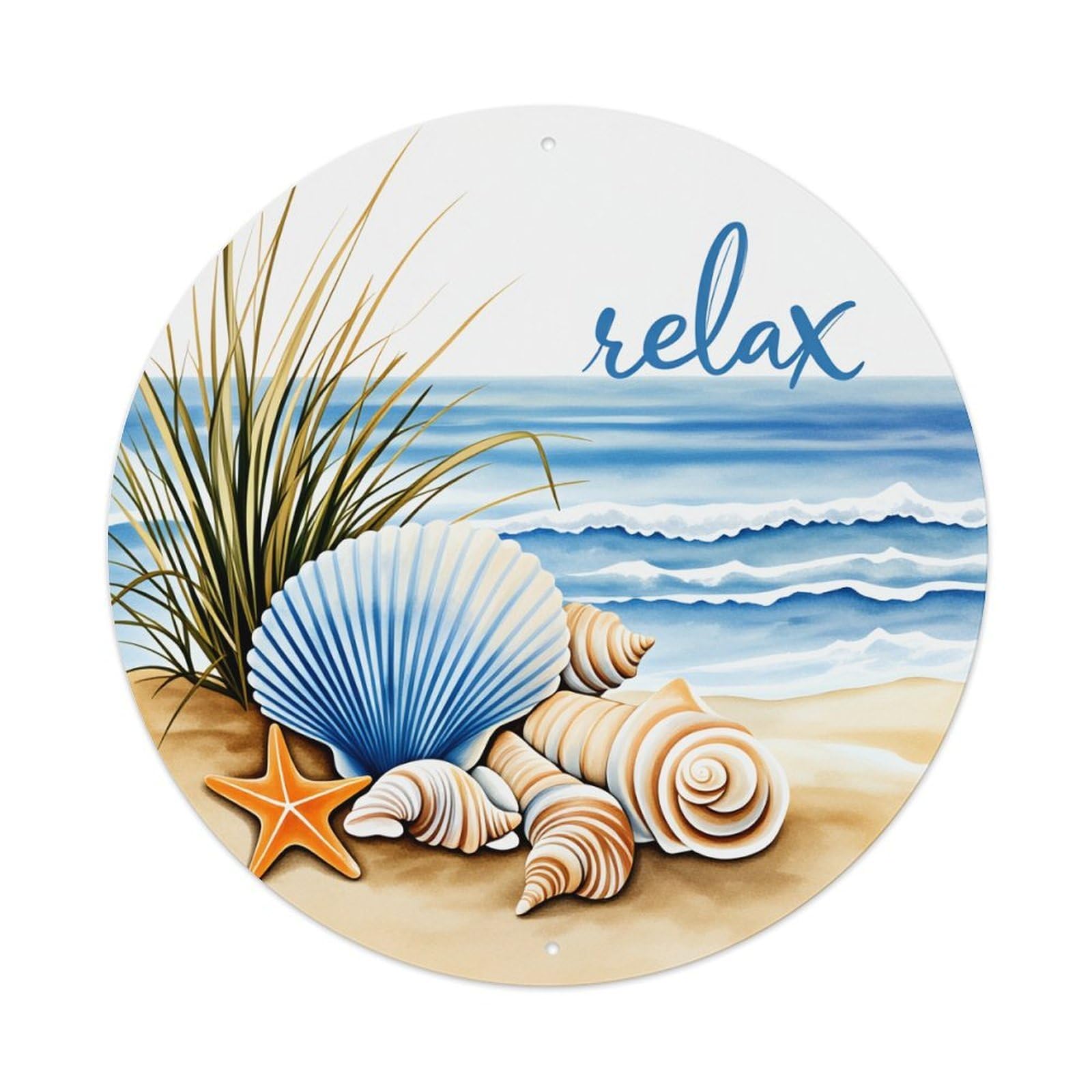Beach Seashells Starfish Waves Sand Round Tin Sign Vintage Metal Poster Retro Bar, Home, Man Cave, Kitchen, Laundry Room Wall Art Decor Gift 8x8Inch