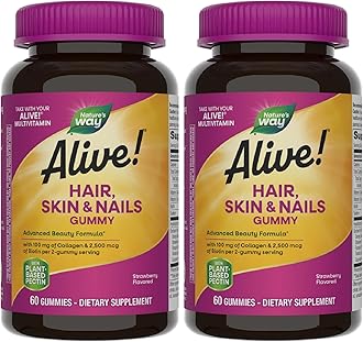 Nature's Way Alive! Hair, Skin & Nails Gummies, Advanced Beauty Formula*, with Biotin and Collagen, Strawberry Flavored, 60 Gummies (Packaging May Vary) (Pack of 2)