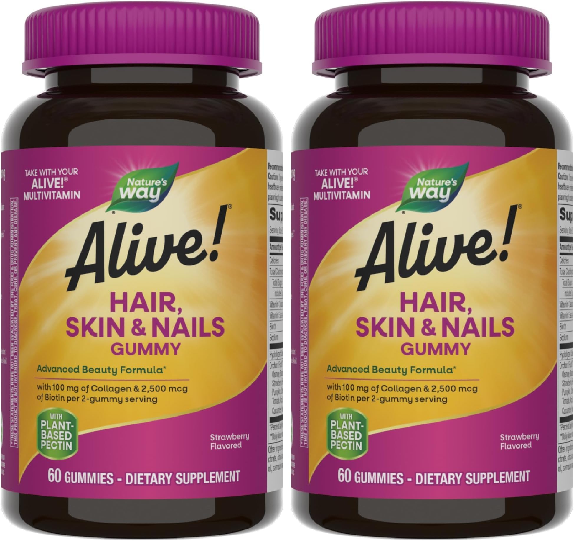 Alive! Hair, Skin & Nails Gummies, Advanced Beauty Formula*, with Biotin and Collagen, Strawberry Flavored, 60 Gummies (Packaging May Vary) (Pack of 2)