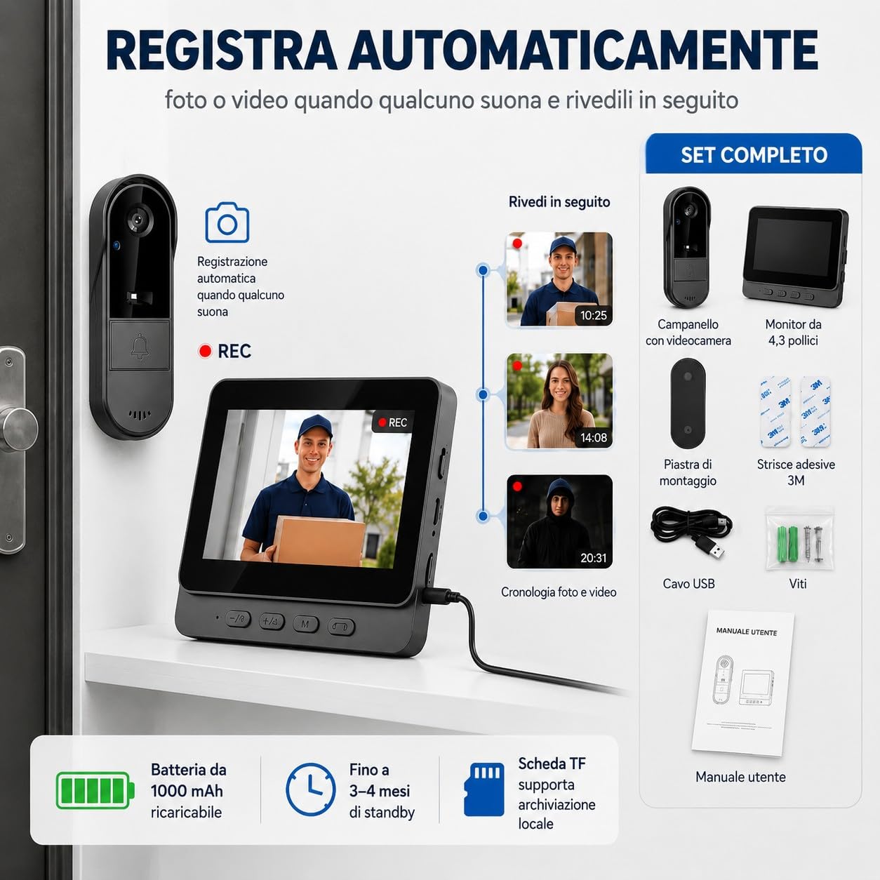1080P Campanello Senza Fili da Esterno con Monitor IPS 4.3'', Bluetooth 2.4G, Telecamera HD 170° Grandangolare, Audio Bidirezionale Citofono Videocitofono Senza Fili da Esterno con IP67 Impermeabile
