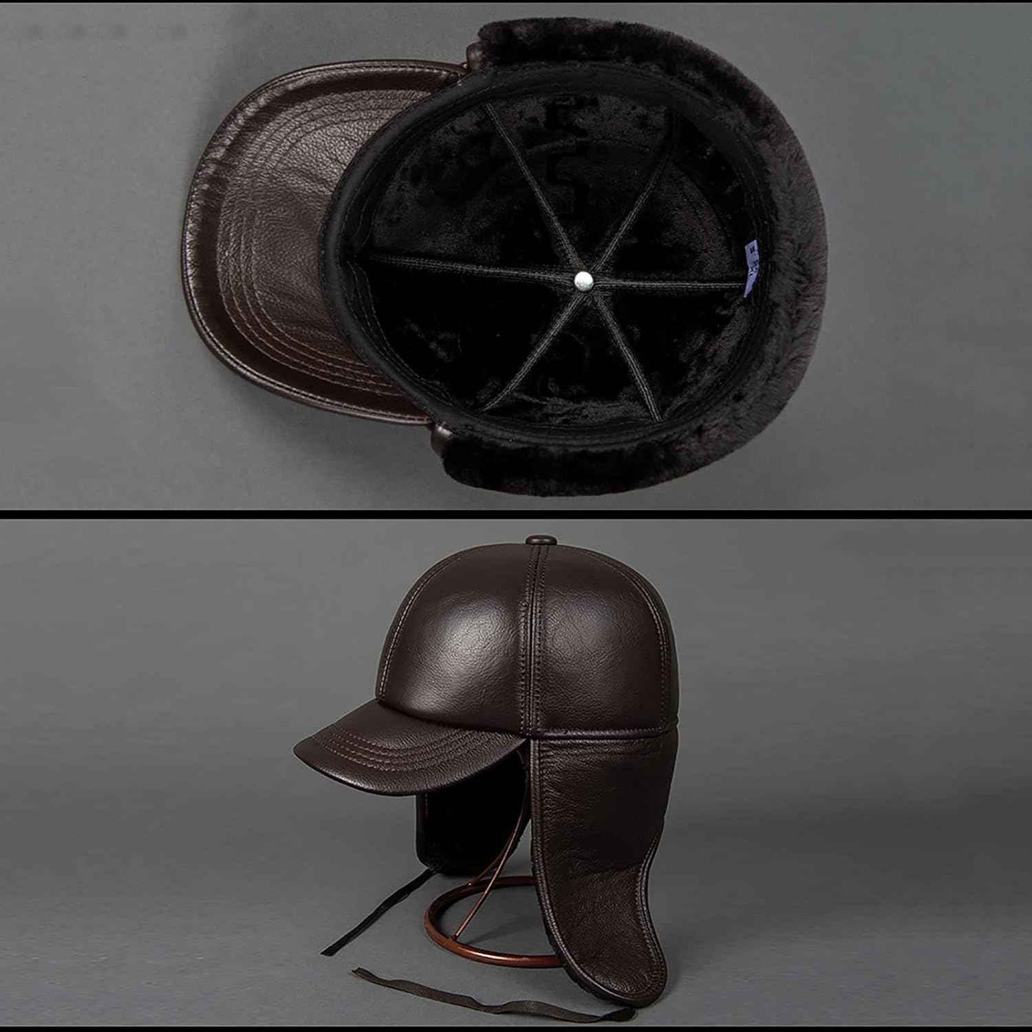 Winter Hats,Bomber Hat Unisex Aviator Cap Waterproof Leather Baseball Cap Winter Bomber Hat Keep Warm,Brown-7 1/4-7 3/8