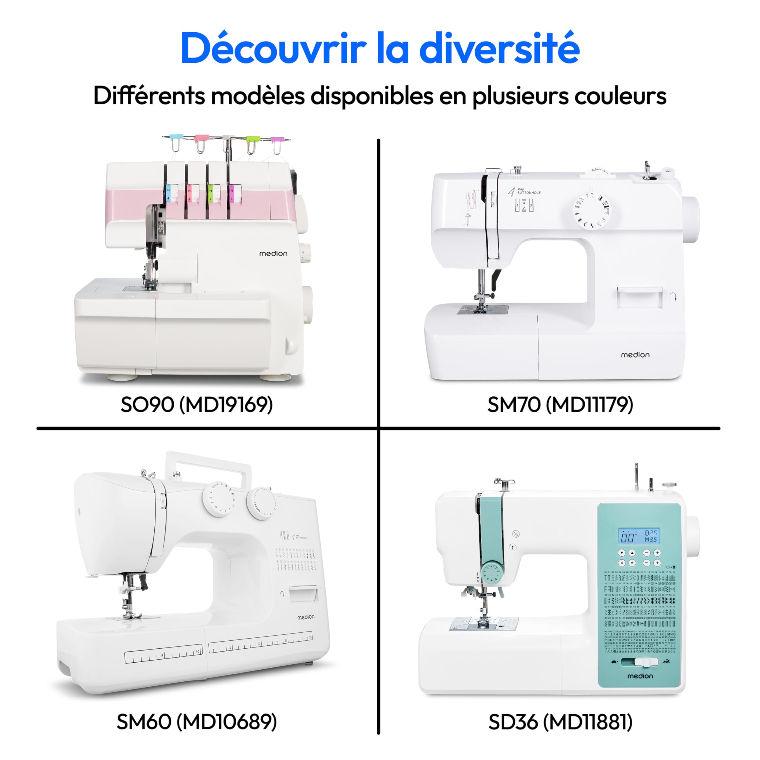 MEDION Machine à coudre bras libre SM60 (60 watts, 60 modèles de points différents avec boutonnières, lumière de couture LED, enfileur automatique, bouton de marche arrière, coupe-fil, MD10689) rose