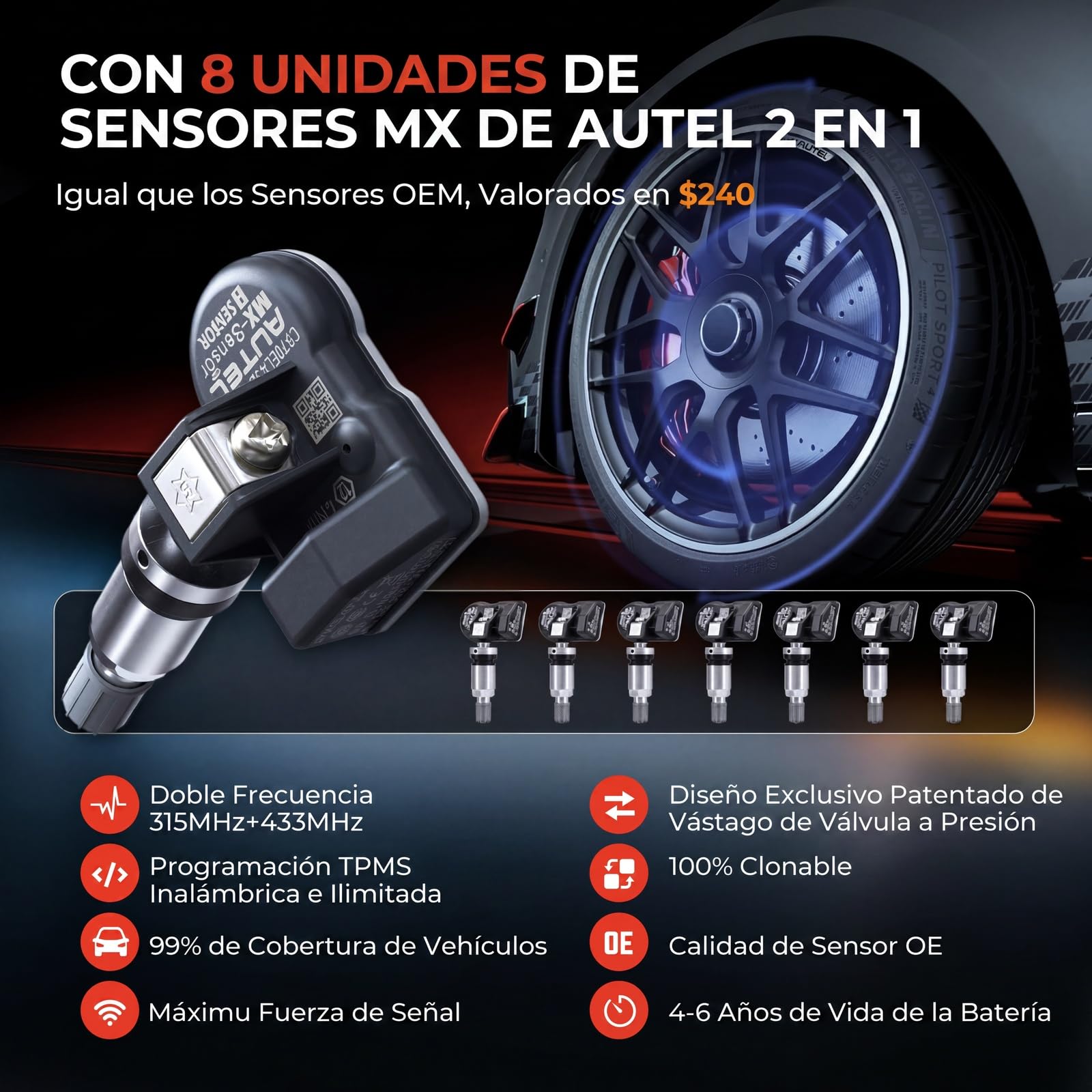 Autel MaxiTPMS TS508WF Herramienta de Programación TPMS, con 8PCS MX-Sensor(240€) WiFi Ver. TS508 TS501 Pro TS408S TS401 Herramienta de Reaprendizaje TPMS, Reiniciar/Reaprender/Activar Todos Sensores